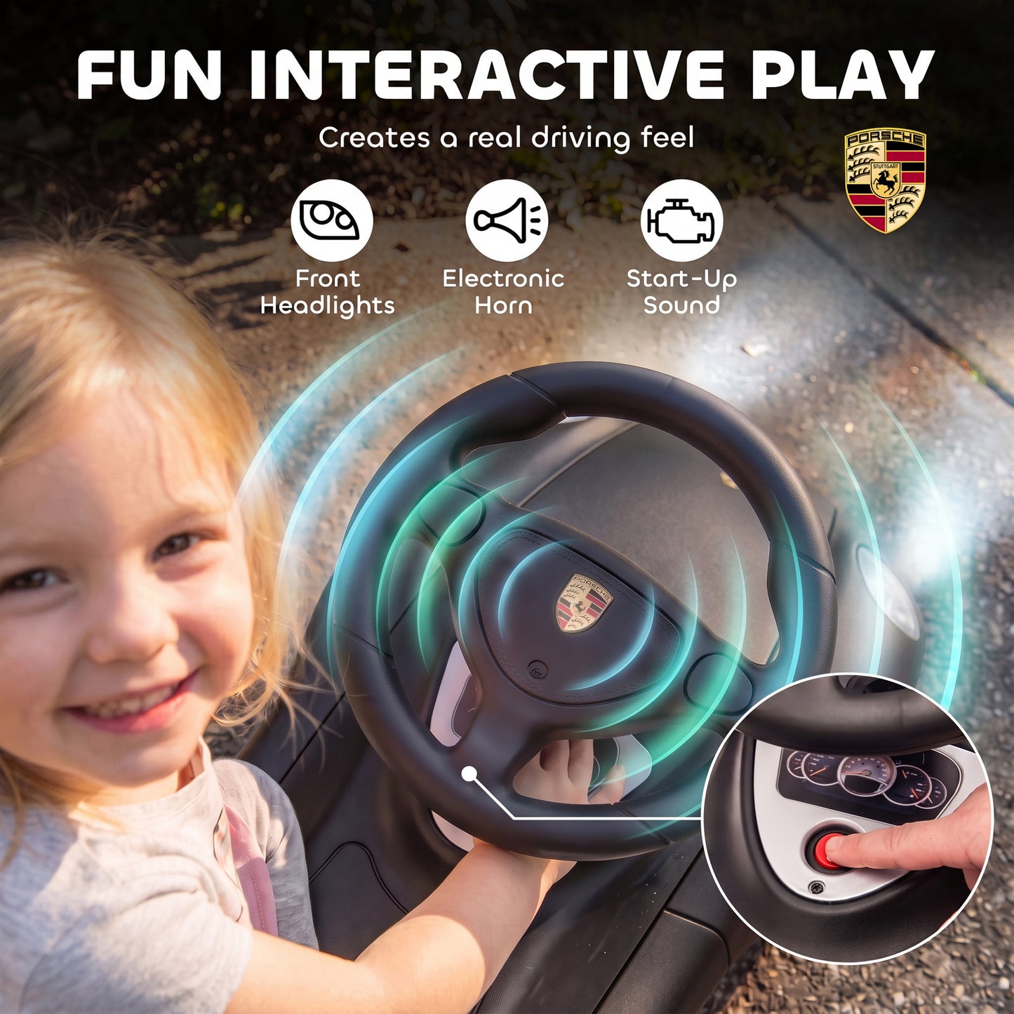 AIYAPLAY Ride on Car, Porsche Licensed Toddler Push Car with Horn, Headlights, Sound and Steering Wheel for 18-36 Months, Matte Black