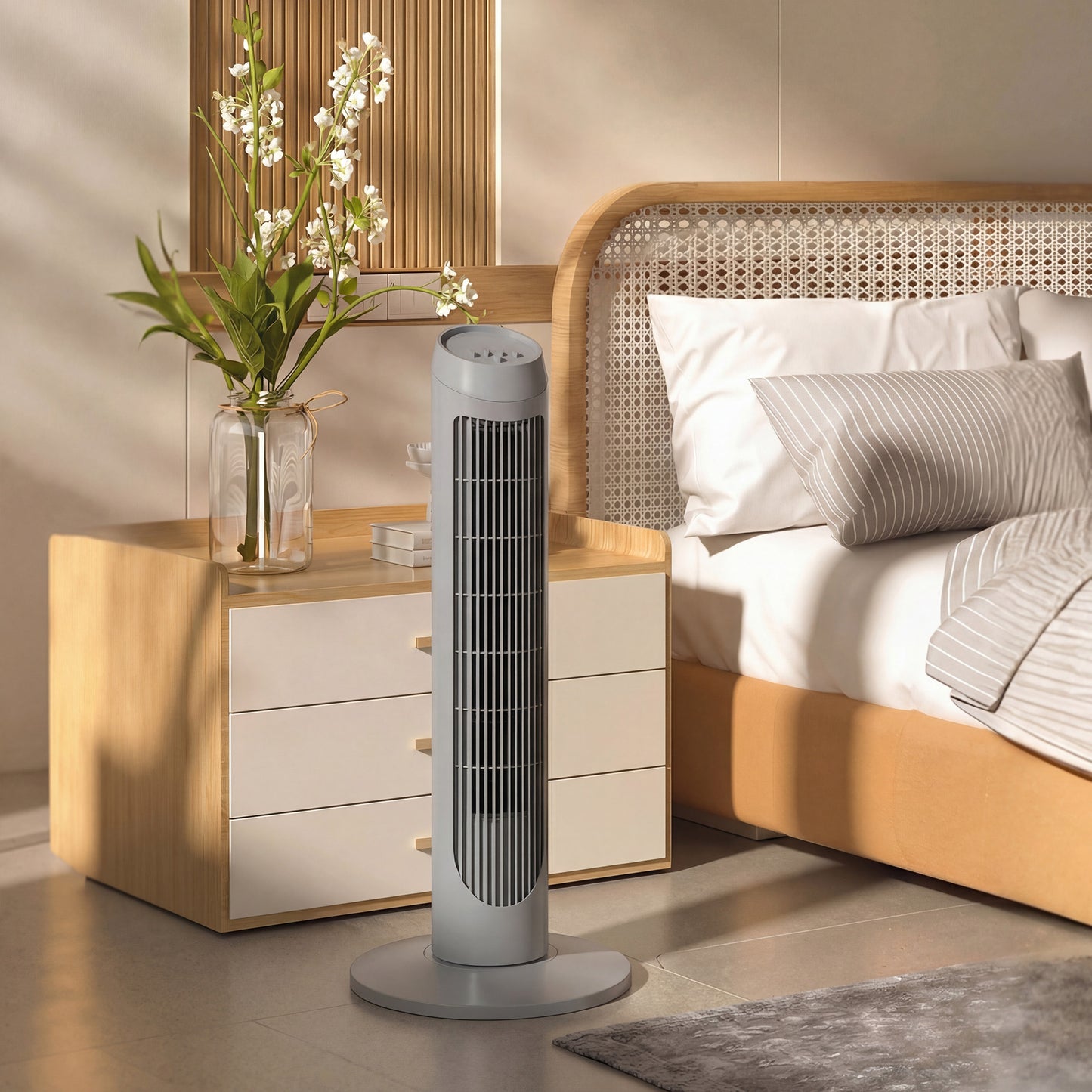 HOMCOM Tower Fan for Bedroom Cooling, 75cm Electric 70Â° Oscillating with 3 Speed Settings, Standing Floor Fan, Grey