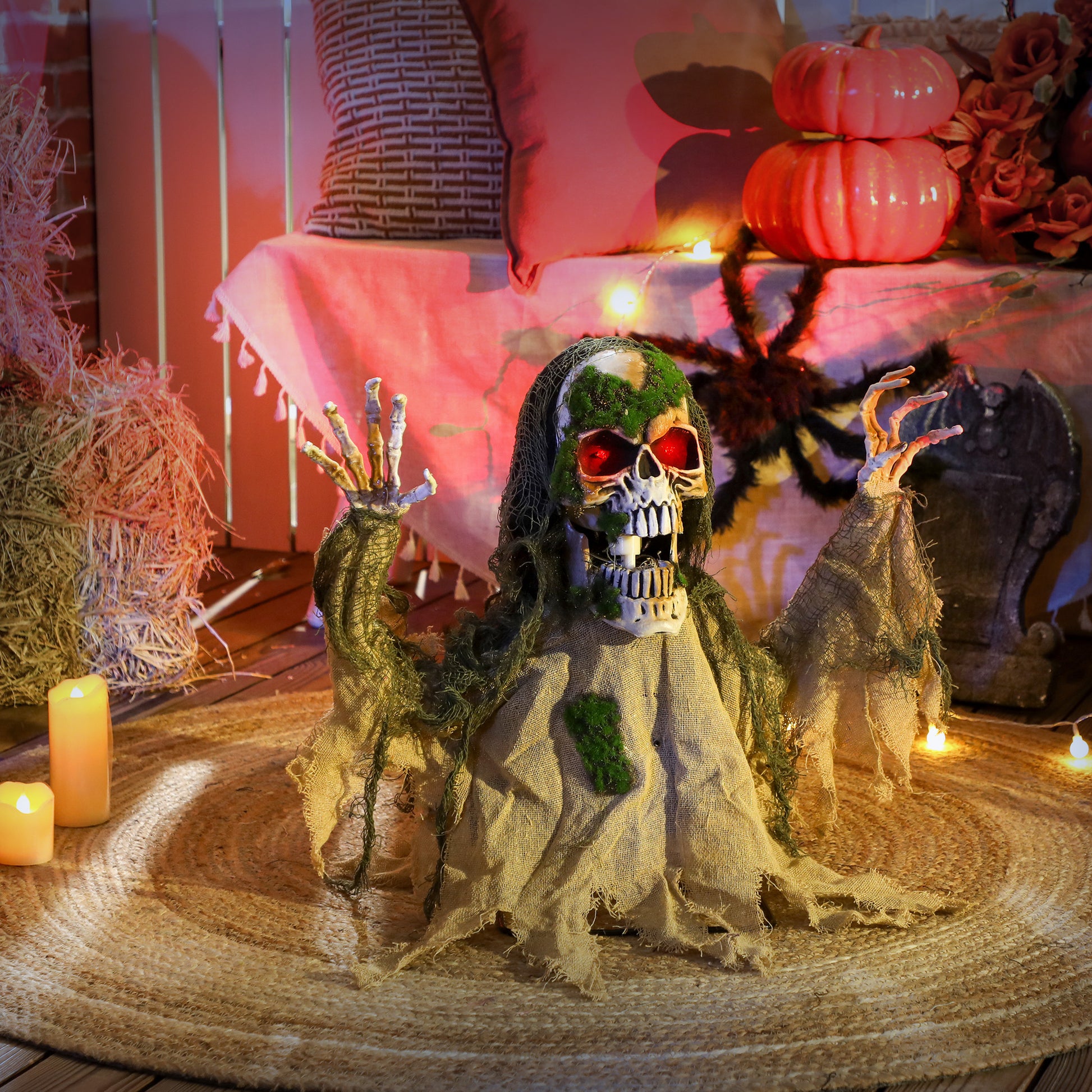 Outsunny Halloween Animated Skeleton with Glowing LED Eyes, Half-Body Scary Halloween Decorations, Battery Operated, Indoor Party Props