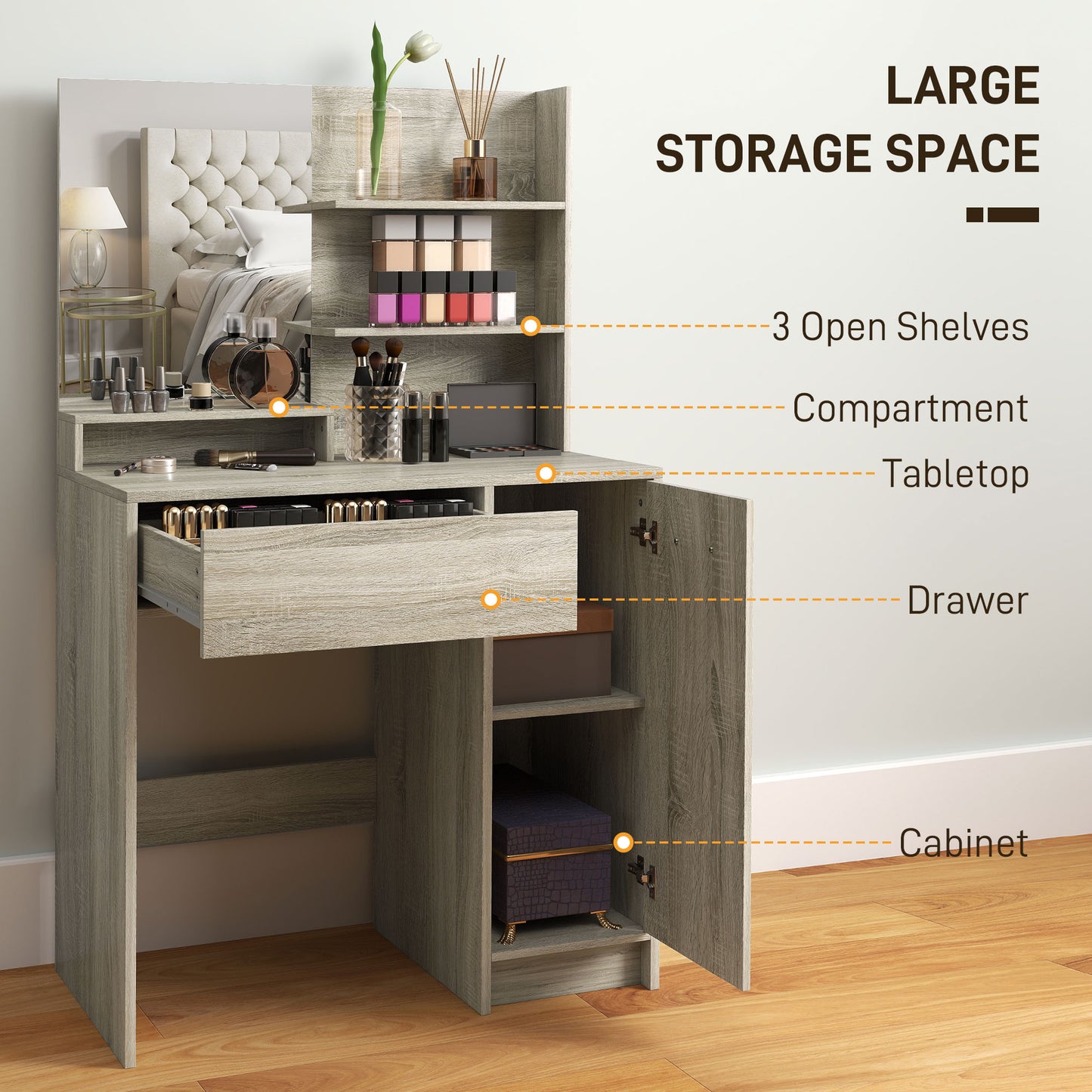 HOMCOM Dressing Table and Stool Set, with Storage - Wood-Effect