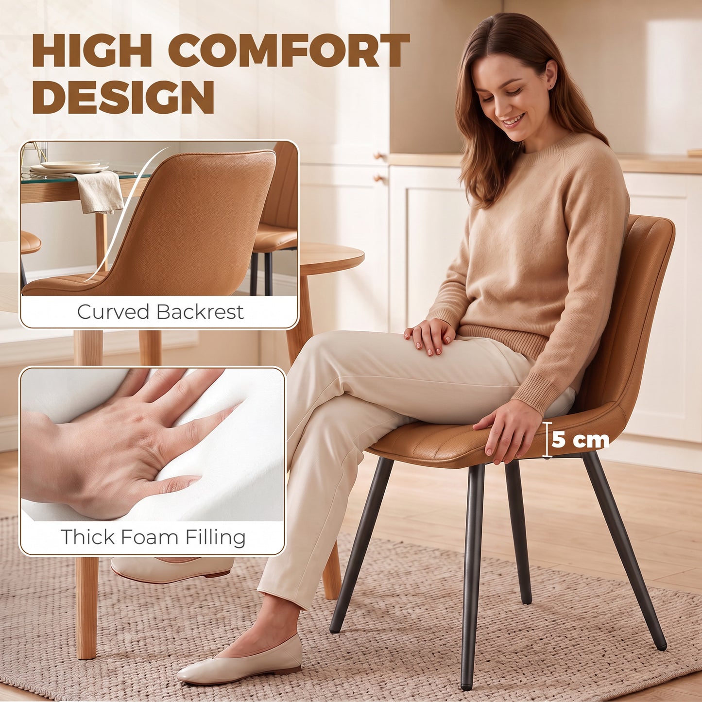 HOMCOM Faux Leather Upholstered Kitchen Chairs, Modern Dining Chairs Set of 2 with Metal Legs for Dining Room, Brown