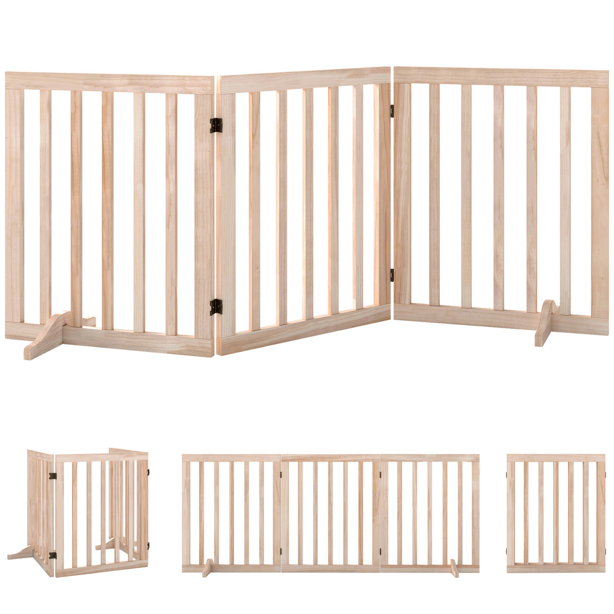 PawHut Wooden Dog Gate, 3-Panel Freestanding Pet Gates Indoor with 2 Support Feet and 360Â° Flexible Hinges, Natural