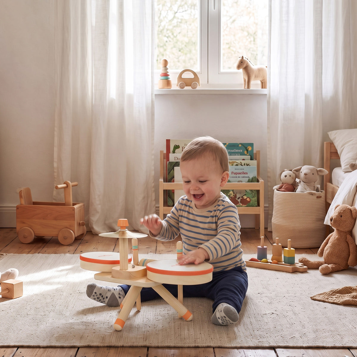 AIYAPLAY Kids Drum Kit, Wooden Musical Instruments with 2 Drums, Cymbal, Scraper, 2 Mallets for Toddlers, Music Learning, Natural