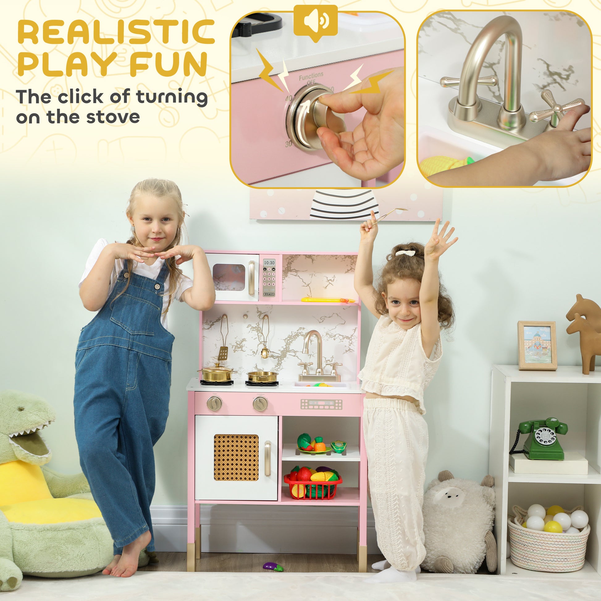 AIYAPLAY Kitchen Playset with Pretend Play Cooking Accessories, Play Kitchen with Oven, Microwave and Sink, Pink