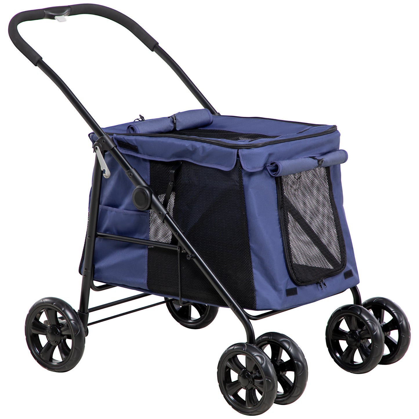 PawHut Dog Pram Dog Stroller 4 Wheels Pet Pushchair with Rolling Door, Cushion, Safety Leashes, for Small and Medium Breeds, Dark Blue