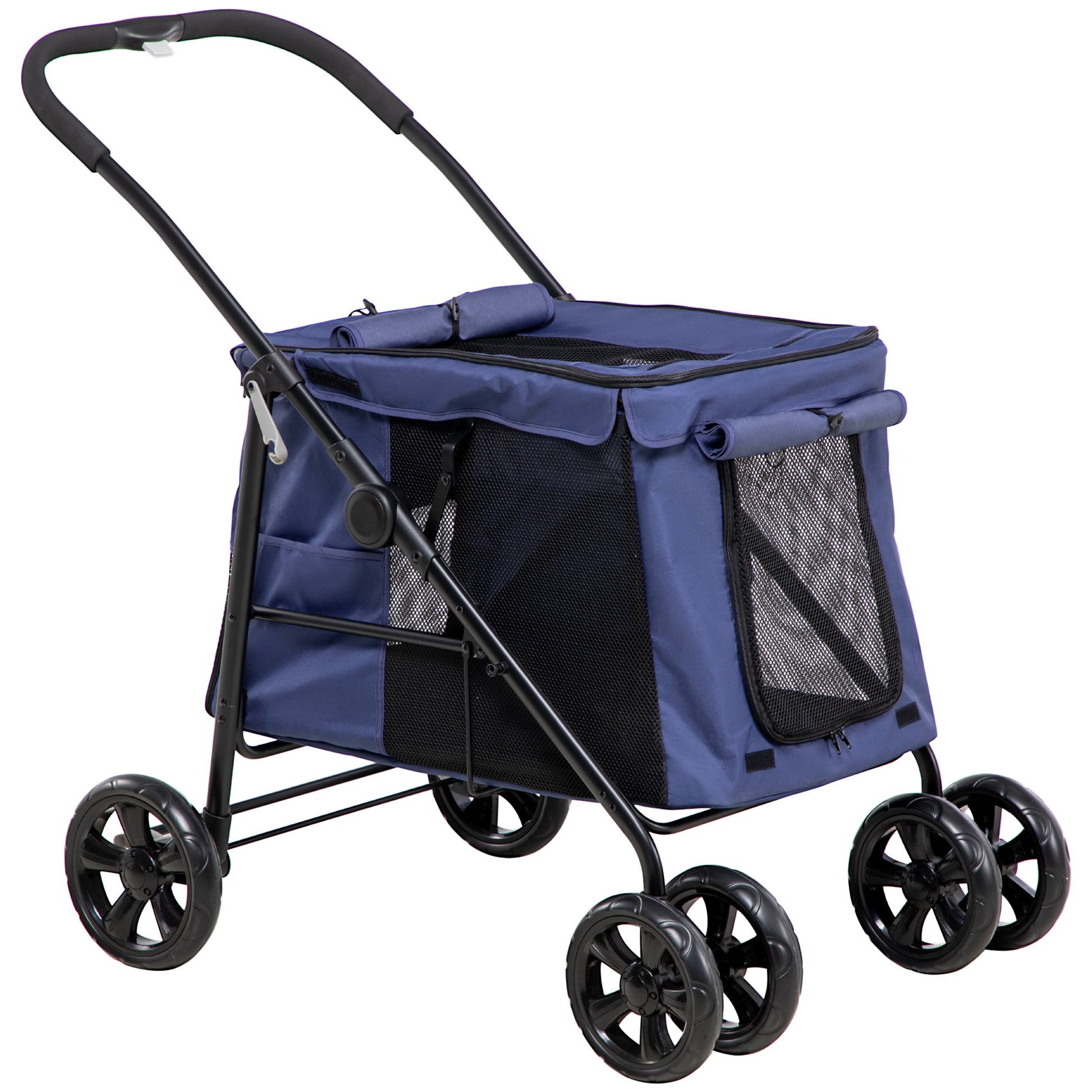 PawHut Dog Pram Dog Stroller 4 Wheels Pet Pushchair with Rolling Door, Cushion, Safety Leashes, for Small and Medium Breeds, Dark Blue