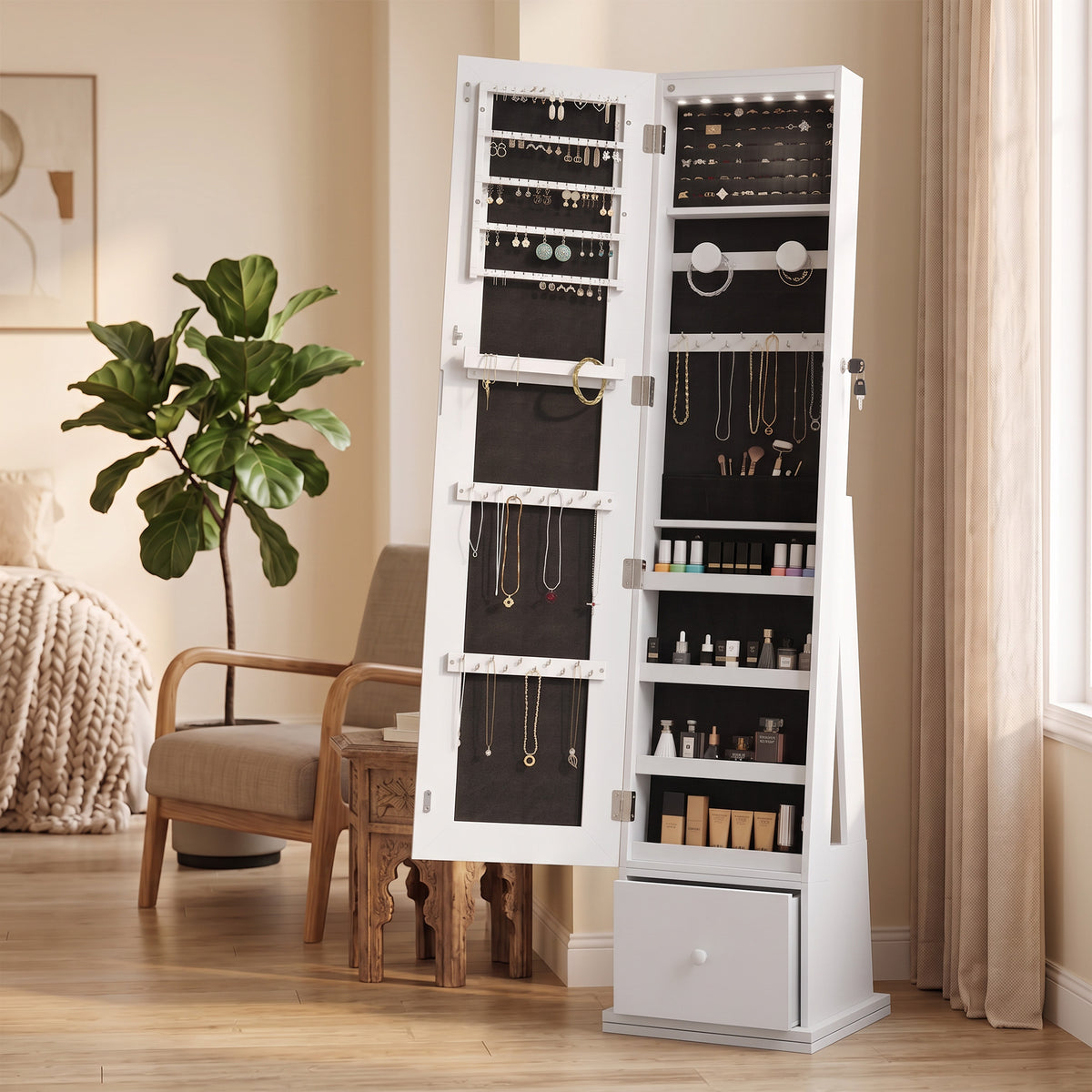 HOMCOM Swivel Jewelry Cabinet with LED Lights, Lockable Standing Full Length Mirror with Storage, 3-Colour Dimmable, White