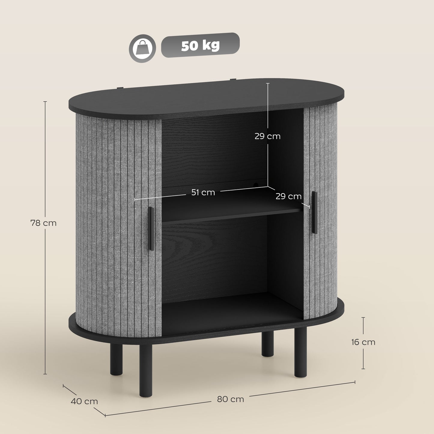HOMCOM Tambour Sideboard with Fluted Sliding Doors, Modern Kitchen Cupboard with Storage Shelves and Wooden Legs, Grey