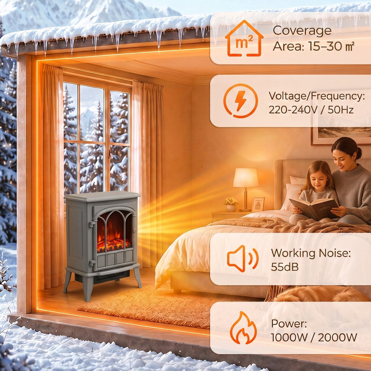 HOMCOM Freestanding Electric Fireplace, Electric Log Burner with LED Flame Effect, Overheating Safety System, 1000W/2000W Grey