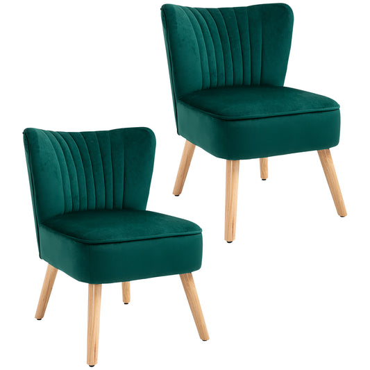 HOMCOM Velvet Accent Chair Occasional Tub Seat Padding Curved Back with Wood Frame Legs Home Furniture for Bedroom Living Room Set of 2 Green
