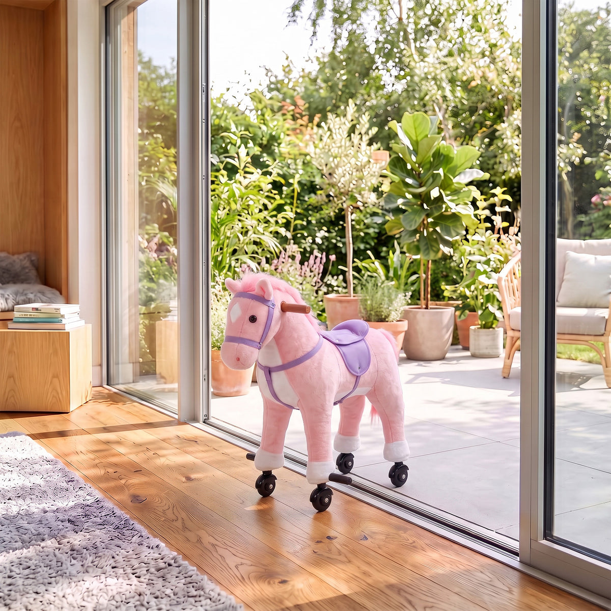AIYAPLAY Rocking Horse, Plush Ride On Horse with Hoof Sounds, Music, Rolling Wheels and Pedal for 3-7 Years, Up to 50kg, Pink