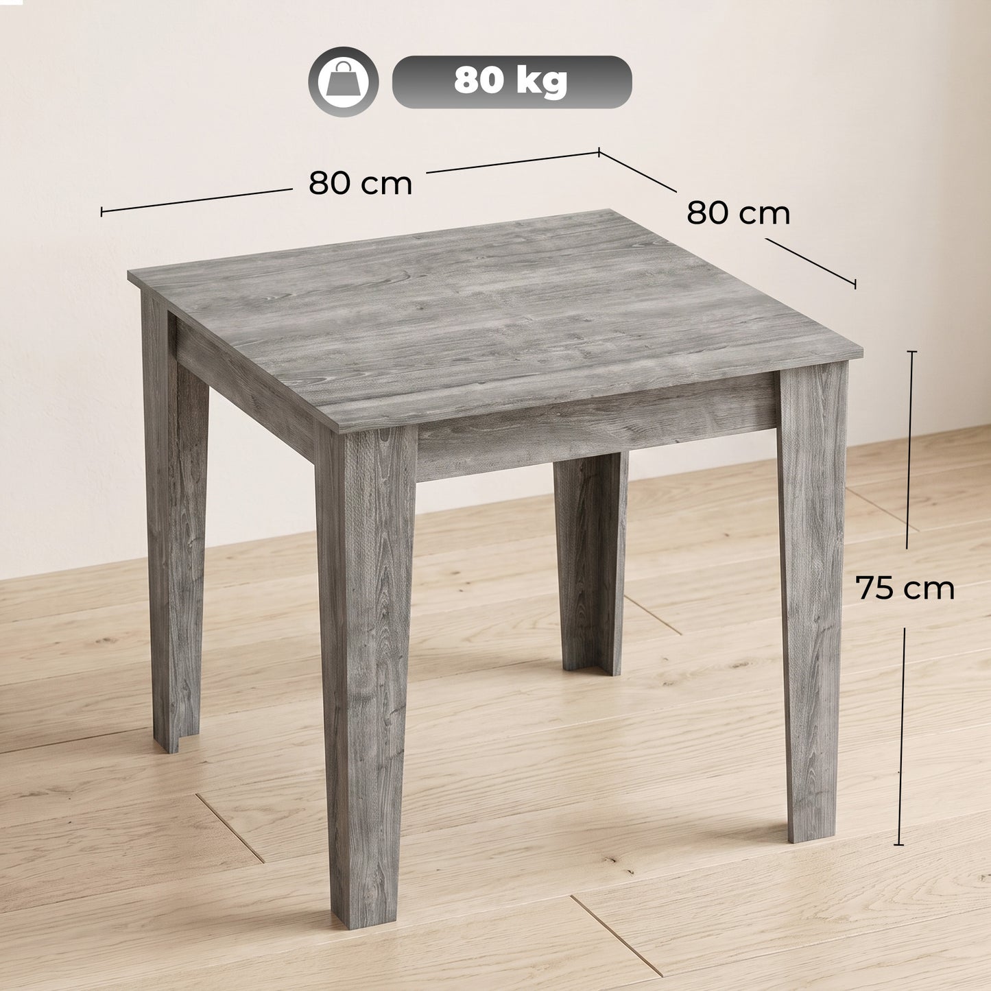 HOMCOM Dining Table for 4, 80L x 80W x 75Hcm, Modern Square Kitchen Table with Wood Effect Tabletop, Grey Wood Effect