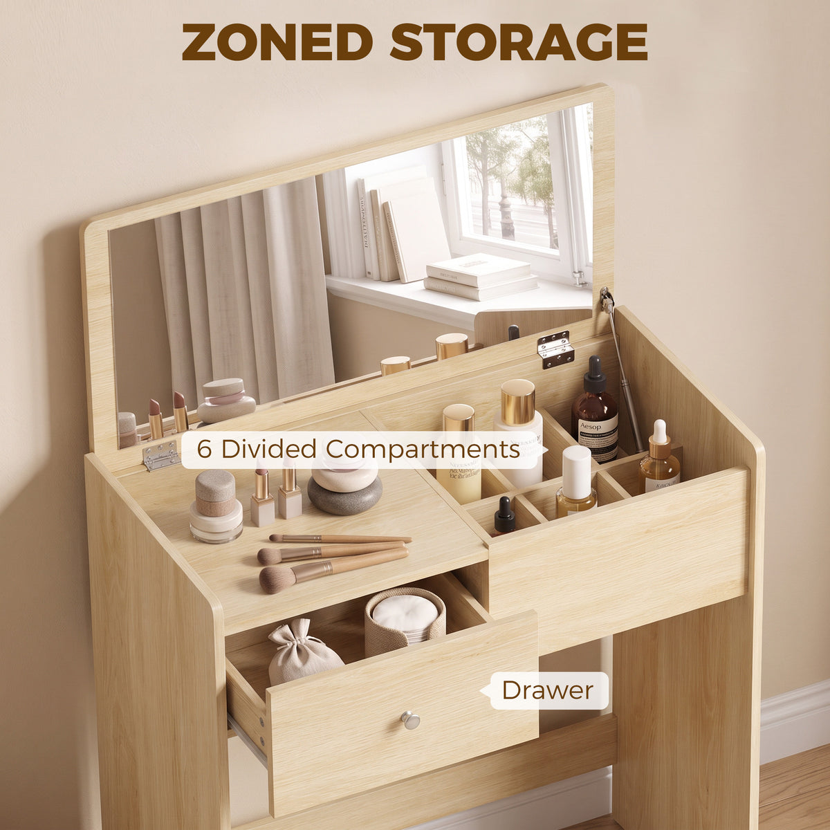HOMCOM Vanity Desk with Mirror Dressing Table Drawer Set 6 Compartments Storage Stool White and Oak