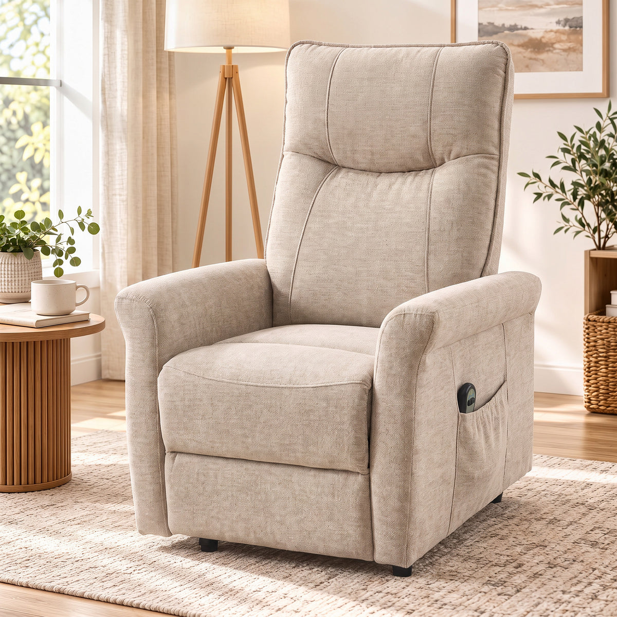 HOMCOM Power Lift Chair, Chenille Rise and Recliner Armchair with Pocket Spring, Footrest, Remote for Living Room, Light Brown