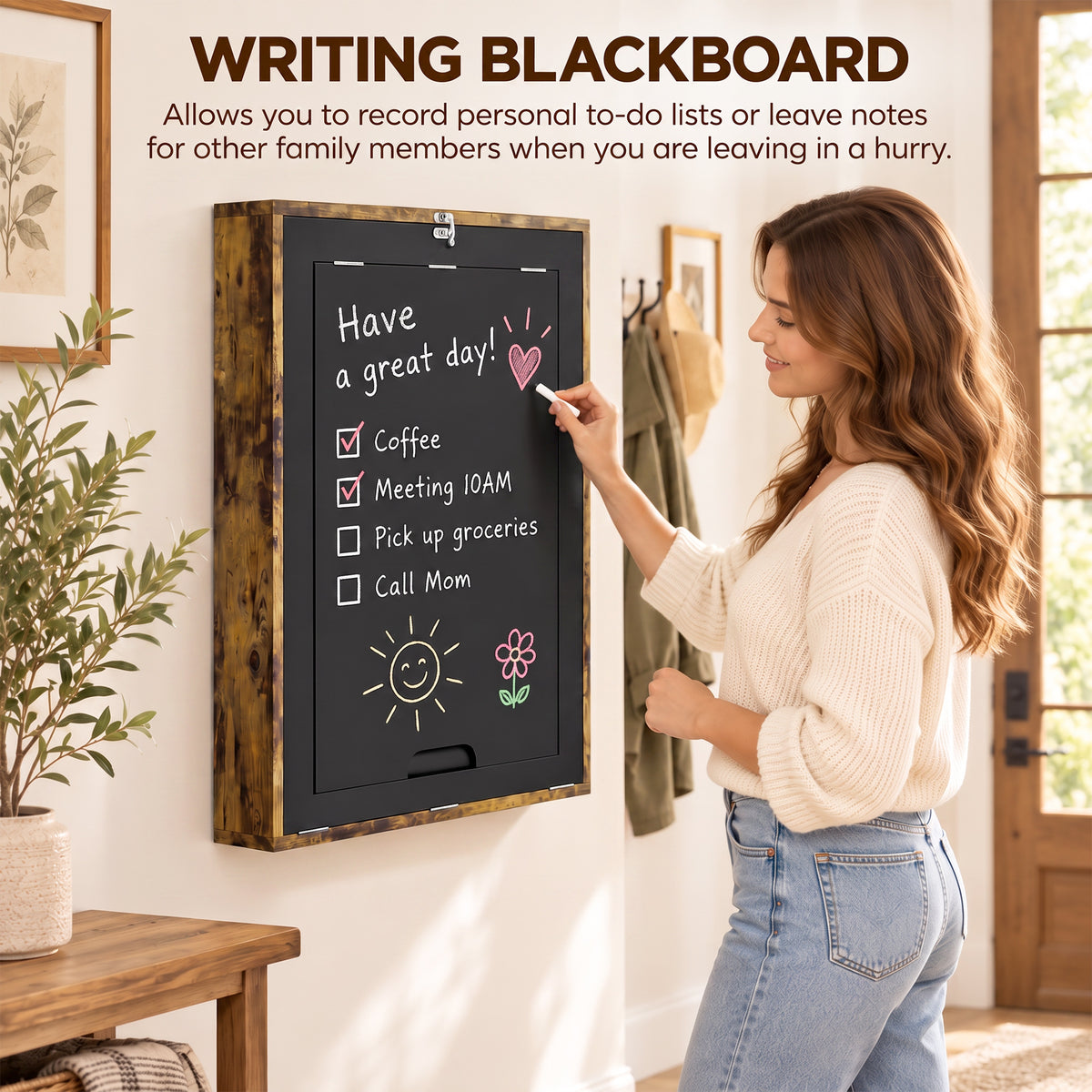 HOMCOM Folding Wall-Mounted Drop-Leaf Table, Convertible Wall Table With Chalkboard and Storage Shelf, Rustic Brown