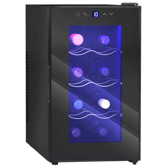HOMCOM Mini Table Top Wine Fridge, 8 Bottle, 17L, 8-18â„ƒ, 26.5cm Quiet Under Counter Wine Cooler Fridge with Glass Door, LED Light, Digital Touch Screen, Temperature Control