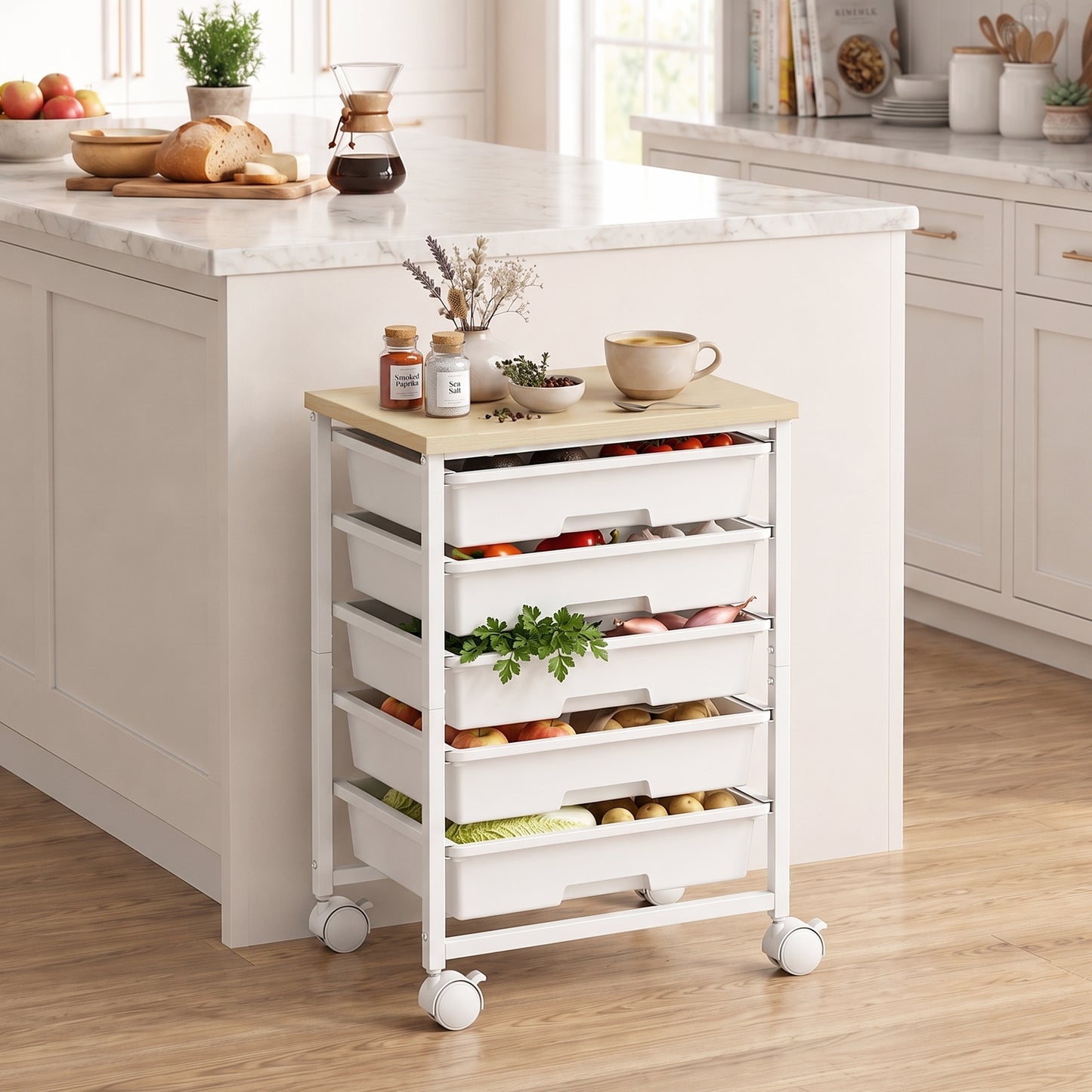 HOMCOM 6-Tier Storage Trolley on Wheels, Metal Kitchen Rolling Cart with 5 Pull-Out Drawers, White