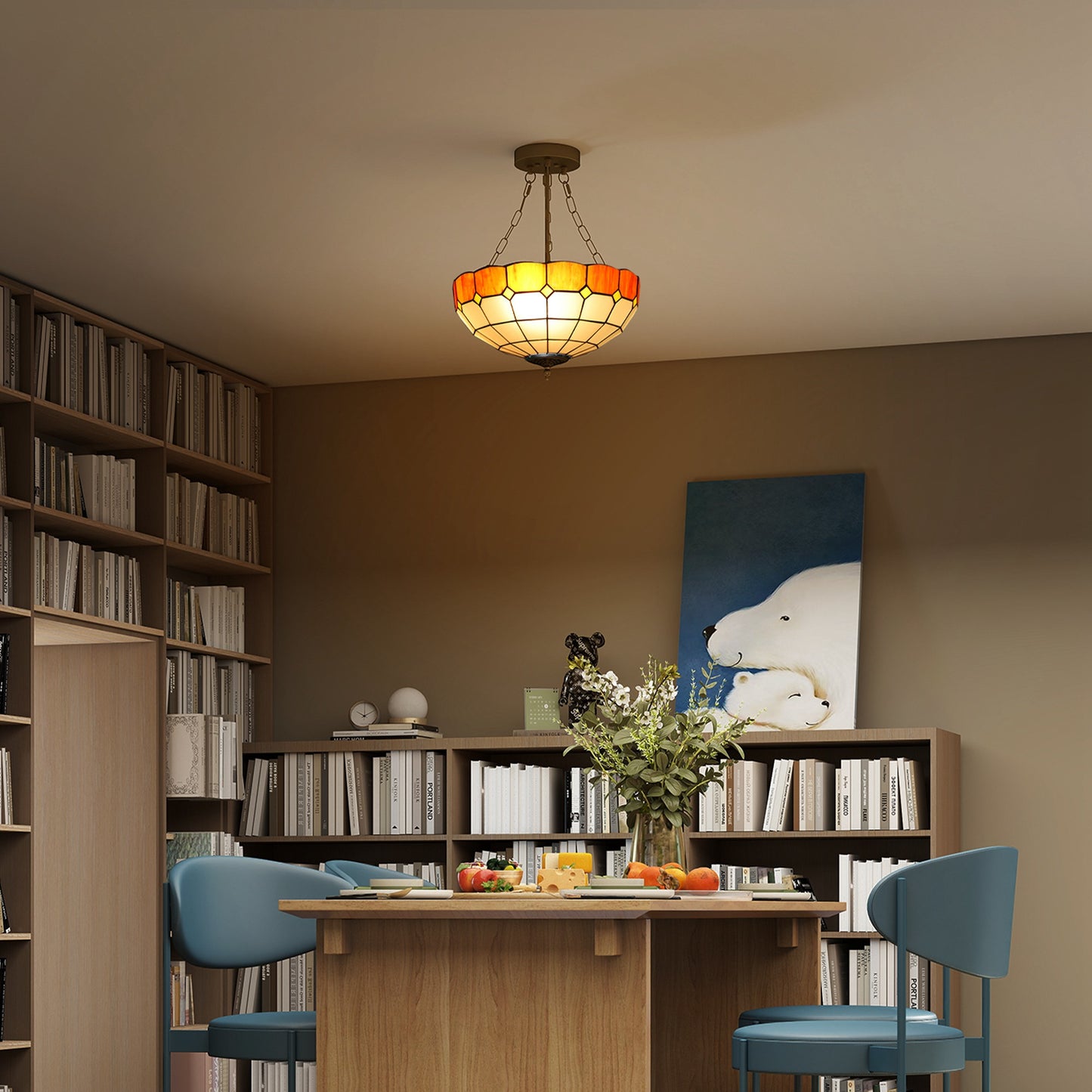 HOMCOM Tiffany Style Ceiling Light, Vintage Chandelier with 3 E27 Sockets, Semi Flush Mount for Living Room, Bulbs Not Included