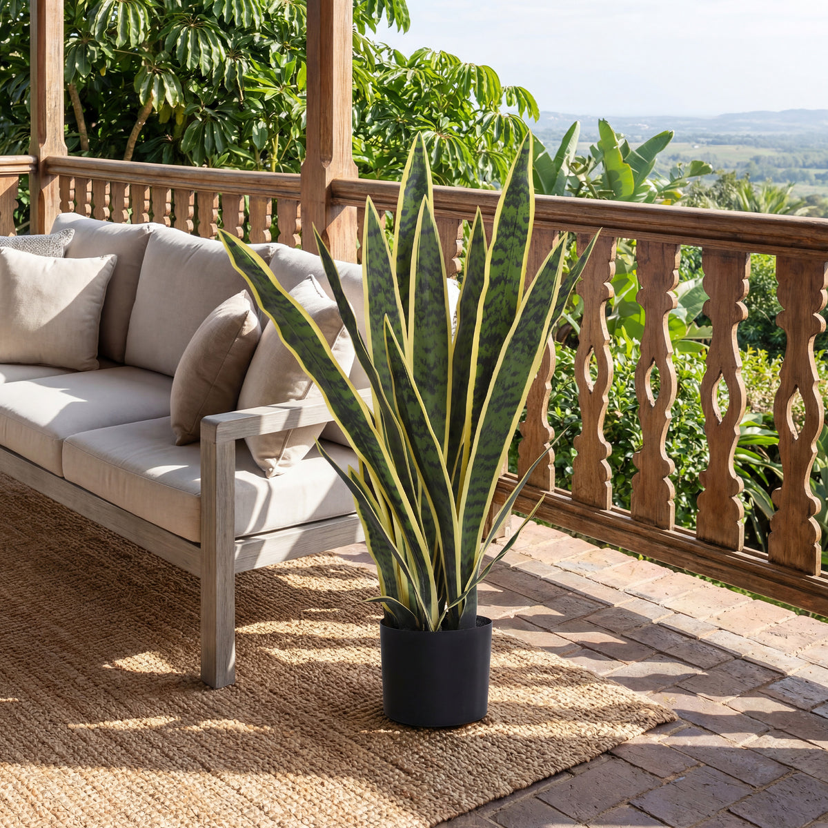 Outsunny Artificial Snake Plant 21 Variegated Leaves Fake Plant in Pot Indoor Outdoor Decor Green