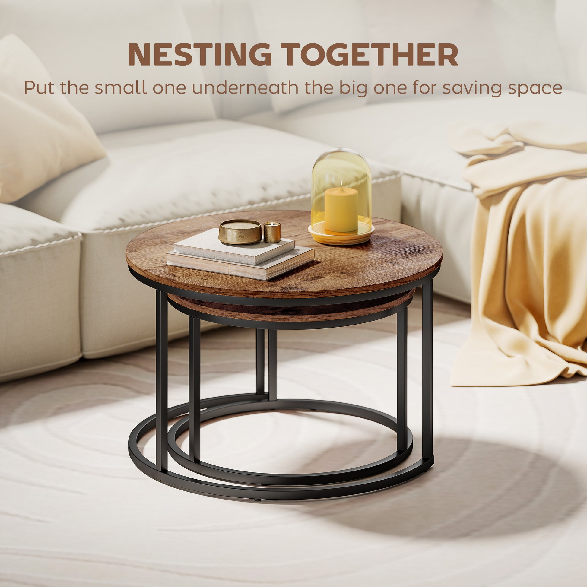 HOMCOM Coffee Table Set of 2, Round Nest of Tables with Metal Frame, Modern Side Tables for Living Room, Rustic Brown