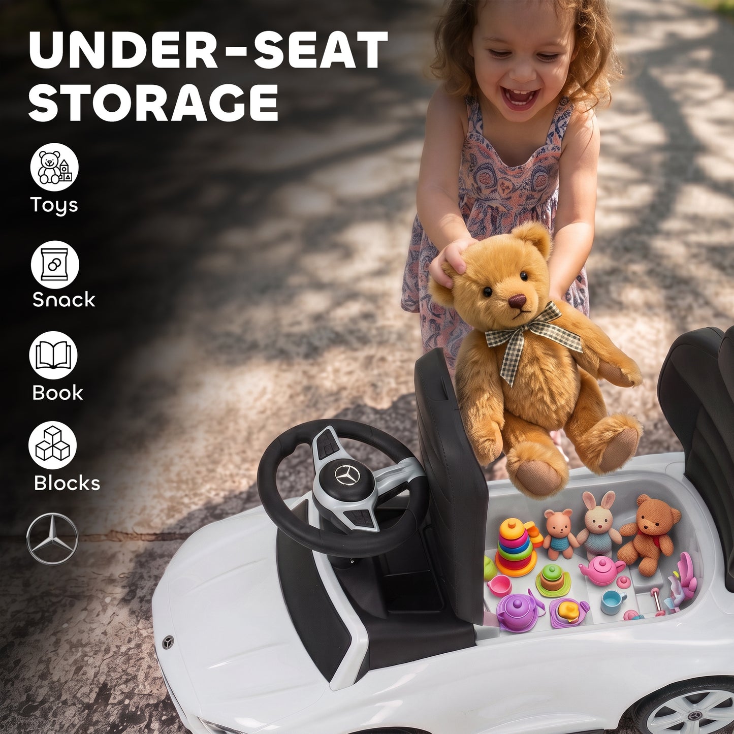 AIYAPLAY 3 in 1 Licensed Benz Ride on Push Car with Handle, Canopy, Guardrails, Horn, Music, Storage for 12-36 Months, White