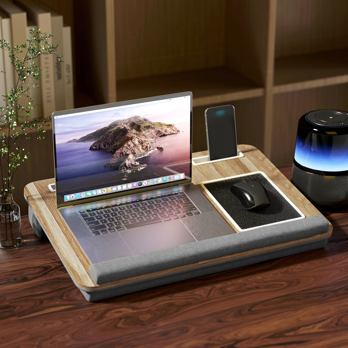 HOMCOM Lap Desk for Bed Sofa, Laptop Tray with Cushion Mouse Pad, Wrist Rest & Phone Holder, Fits Up to 15.6" Laptops, Oak Grey