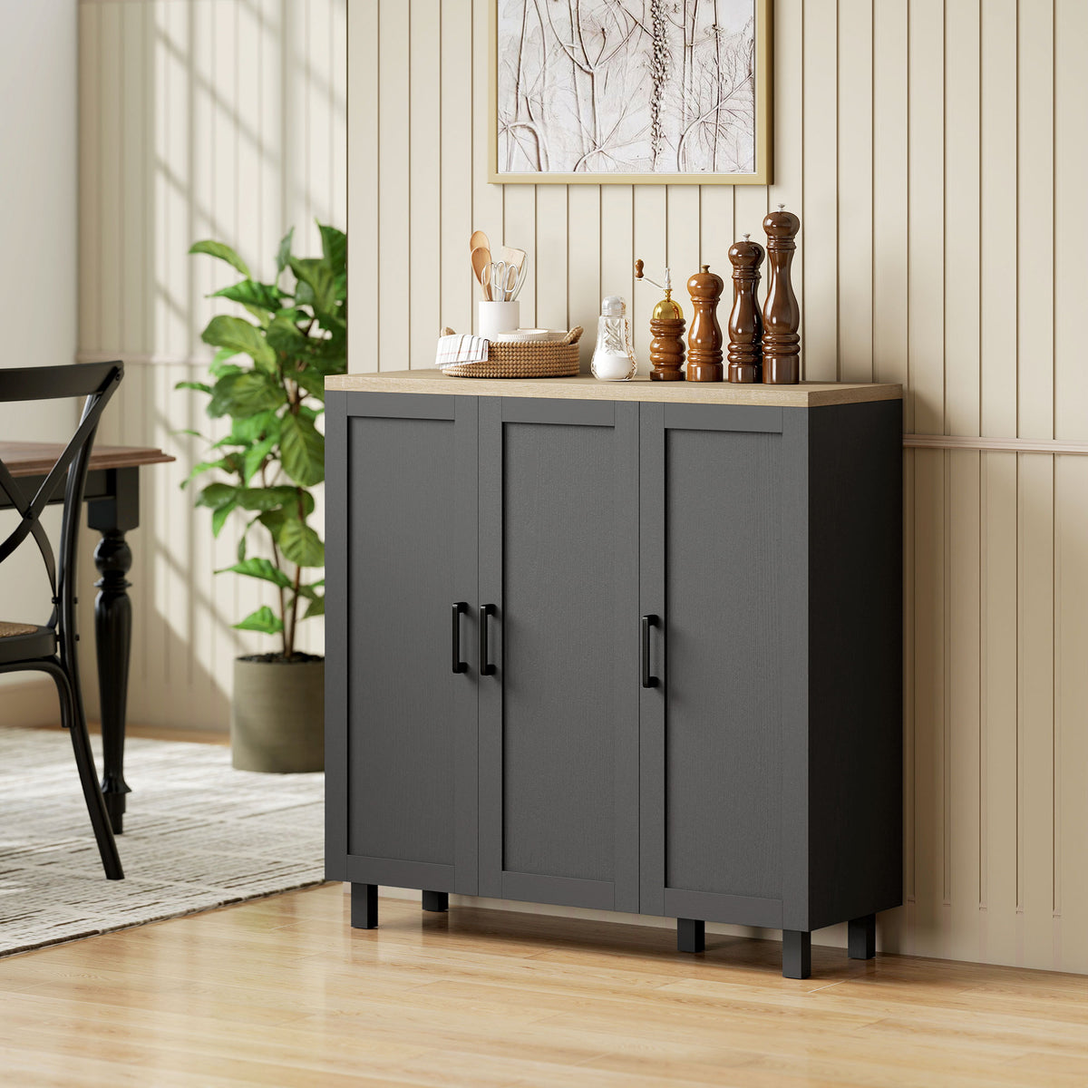 HOMCOM Sideboard Buffet Cabinet, Kitchen Storage Cabinet with 3 Doors and Adjustable Shelves for Living Room, Kitchen, Black