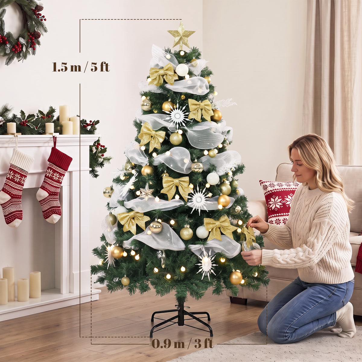 HOMCOM 5ft Pre-Lit Christmas Tree with 150 LED Lights, Artificial Xmas Tree with 8 Lighting Modes, 450 Tips, Remote, Green
