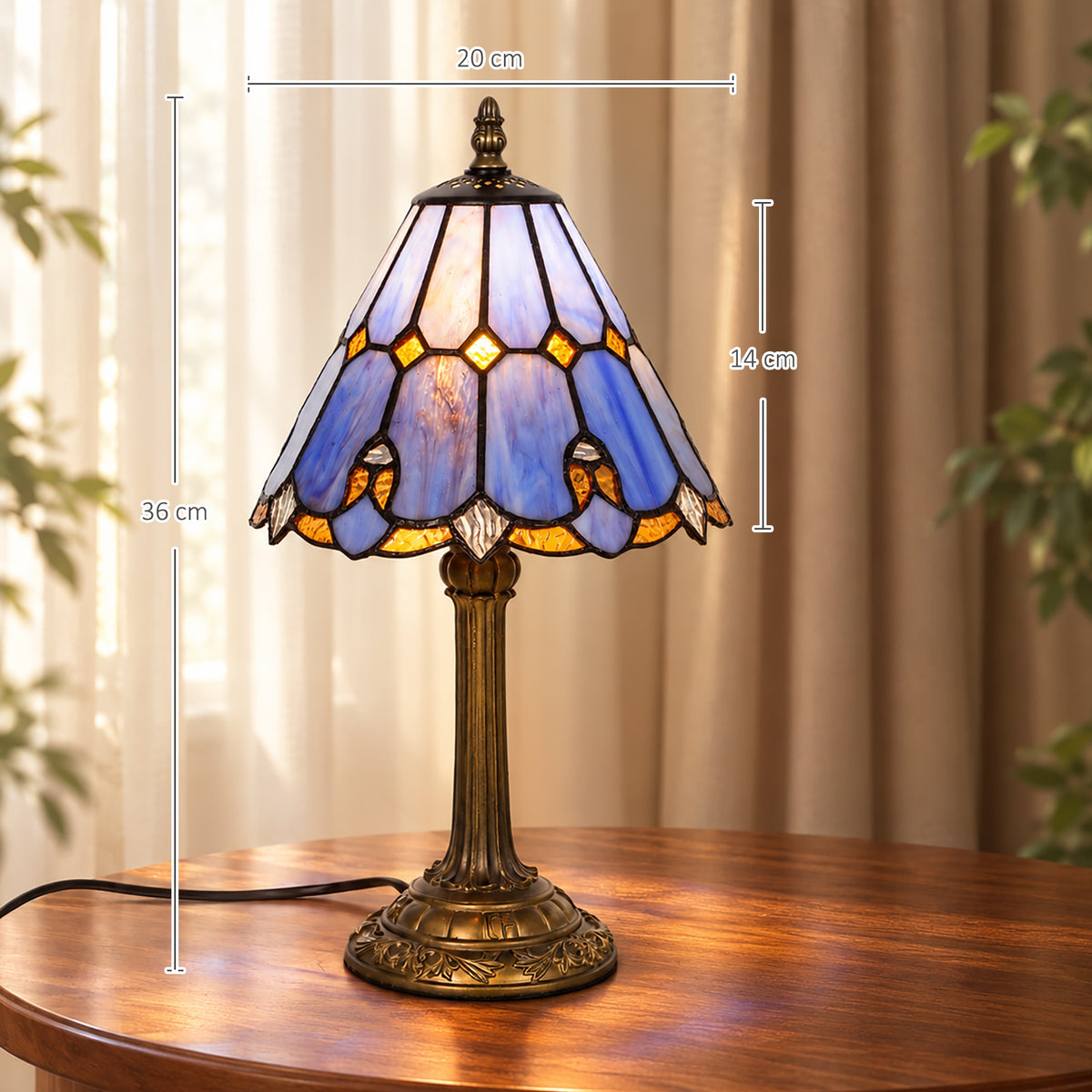HOMCOM Tiffany-Style Table Lamp with Geometric Patterns, Handcrafted Antique Stained Glass Bedside Lamp, E27 Socket, Blue