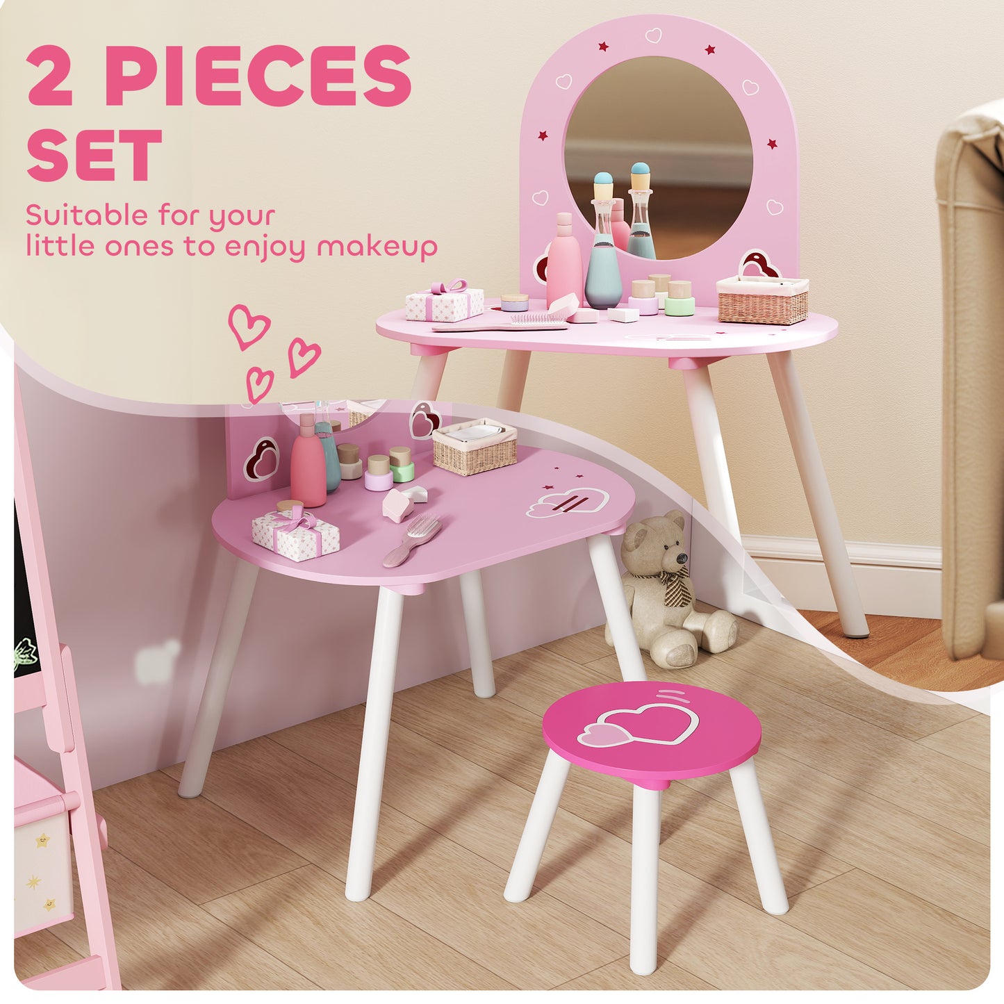 AIYAPLAY Kids Dressing Table with Mirror and Stool, Girls Vanity Set for Kids Room, Bedroom, Nursery, for Ages 3â€“6 Years, Pink