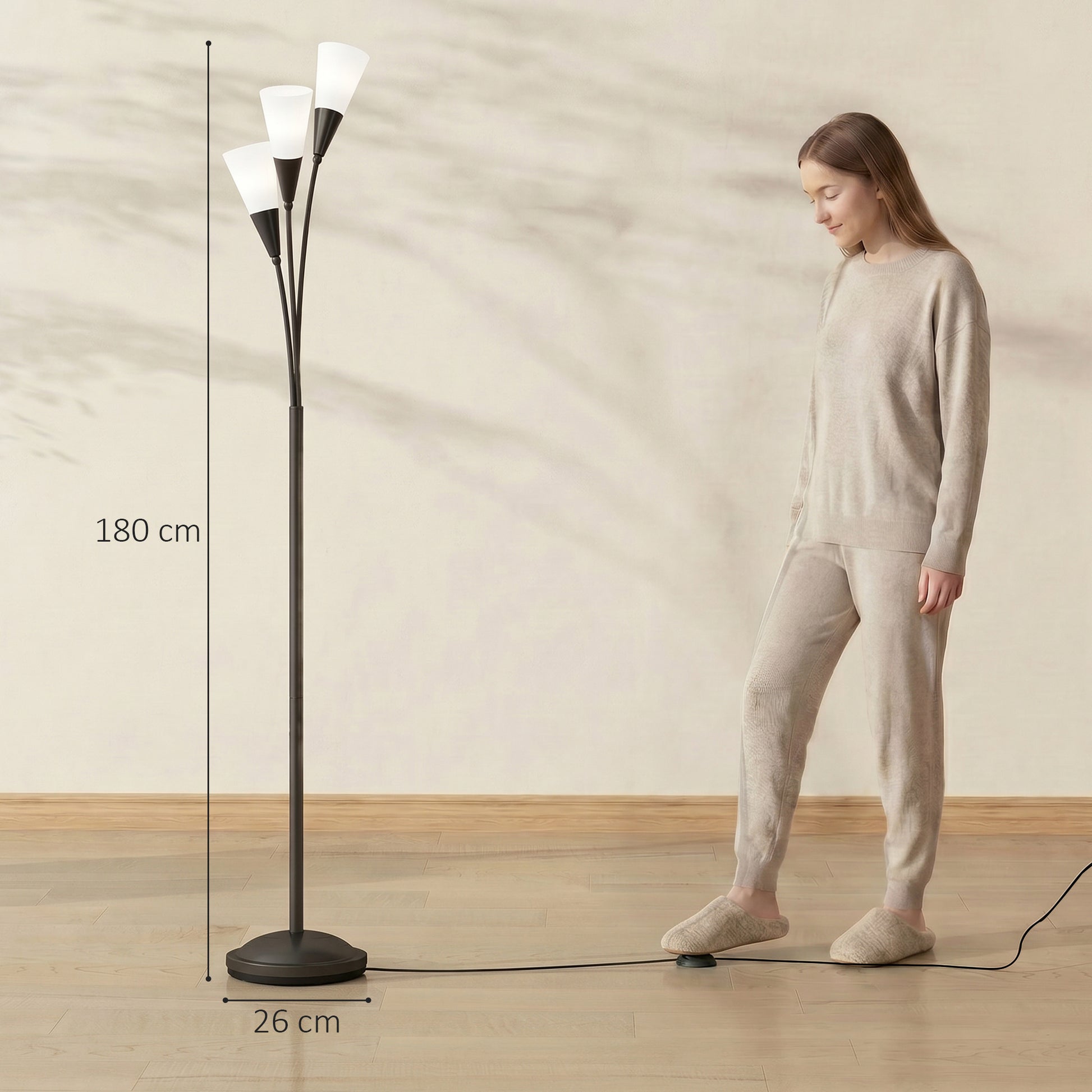 HOMCOM Modern Standing Lamp, 3-Light Upright Floor Lamps for Living Room, Black