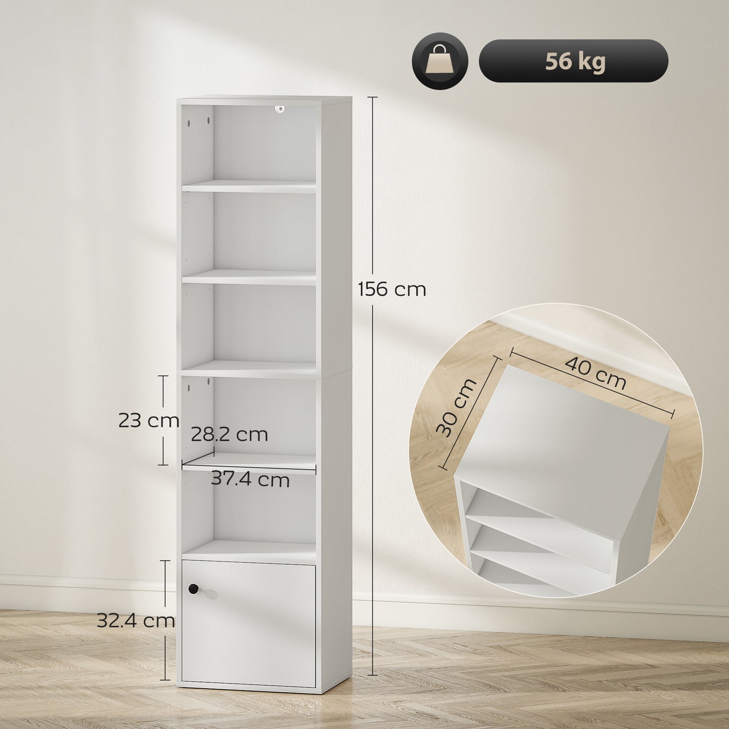 HOMCOM 6-Tier 156 cm Tall Bookcase - White