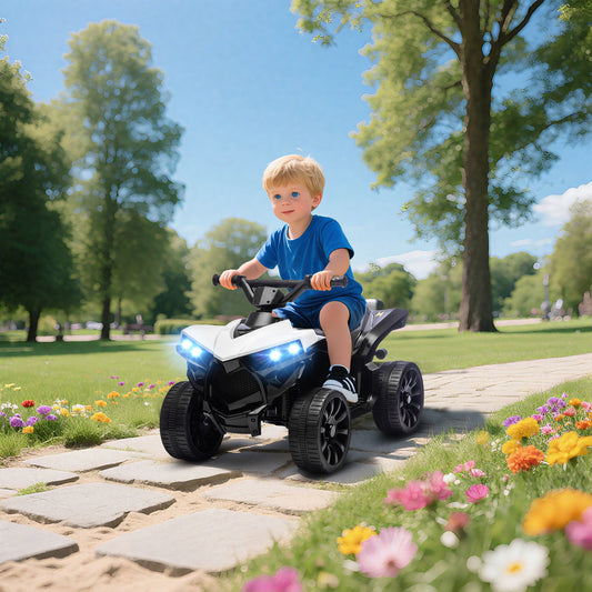 AIYAPLAY 6V Kids ATV, 4 Wheeler Electric Ride on Car with Music and LED Headlights, for Ages 18-56 Months Boys and Girls, White