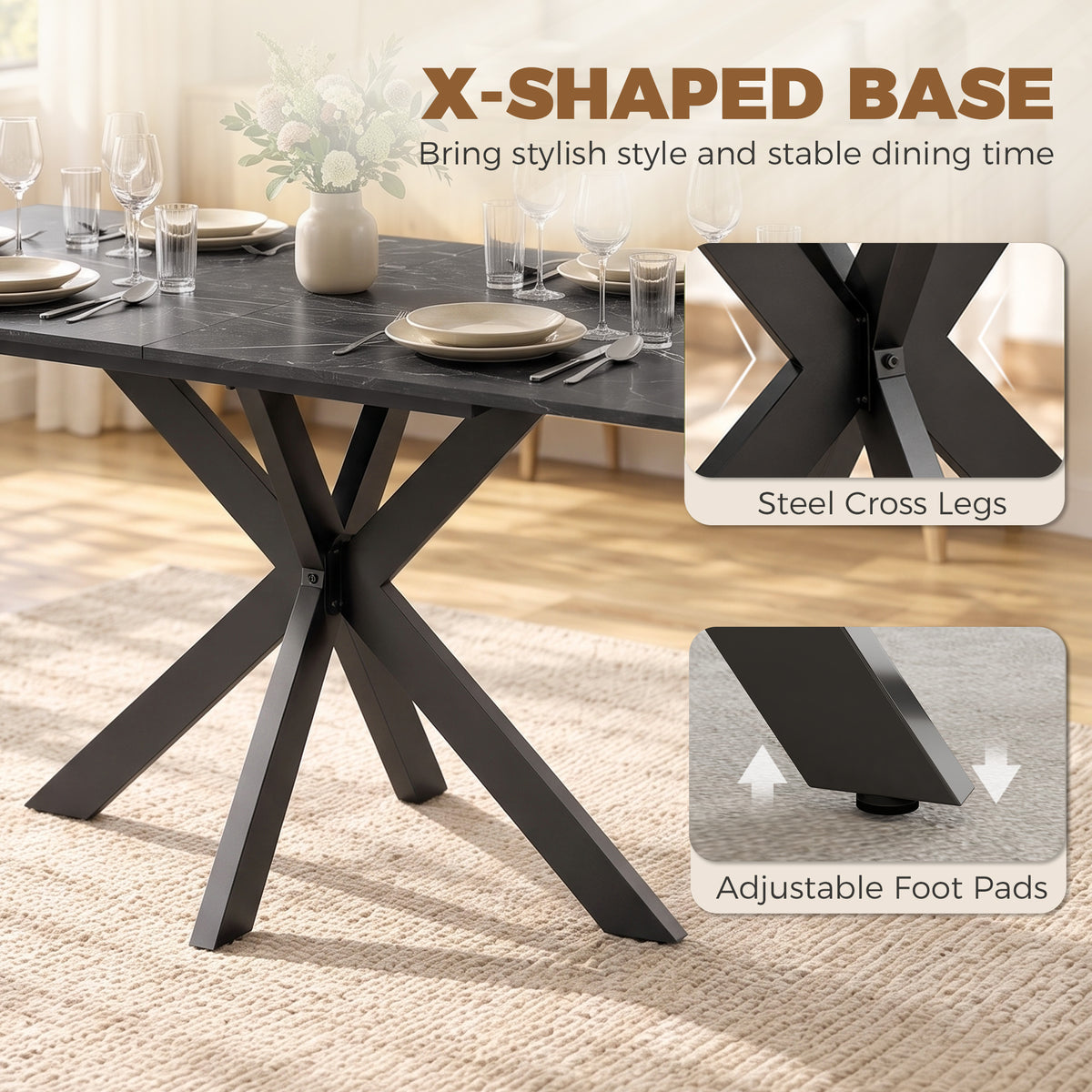 HOMCOM Extendable Dining Table Steel Cross Legs Steel Rails Space Saving Black
