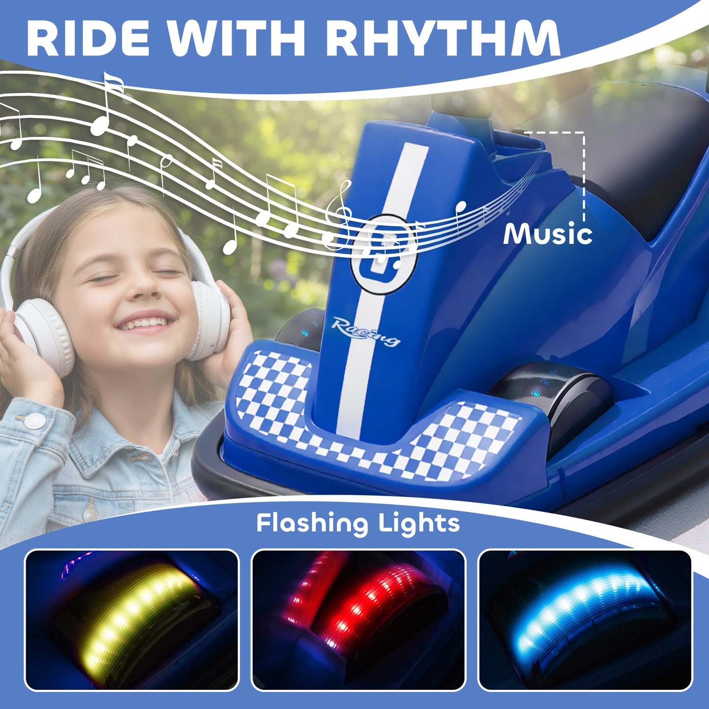 AIYAPLAY Kids Bumper Car, 360Â° Rotation Spin Electric Waltzer Car with LED Lights, Music for Ages 3-8 Years Old, Blue