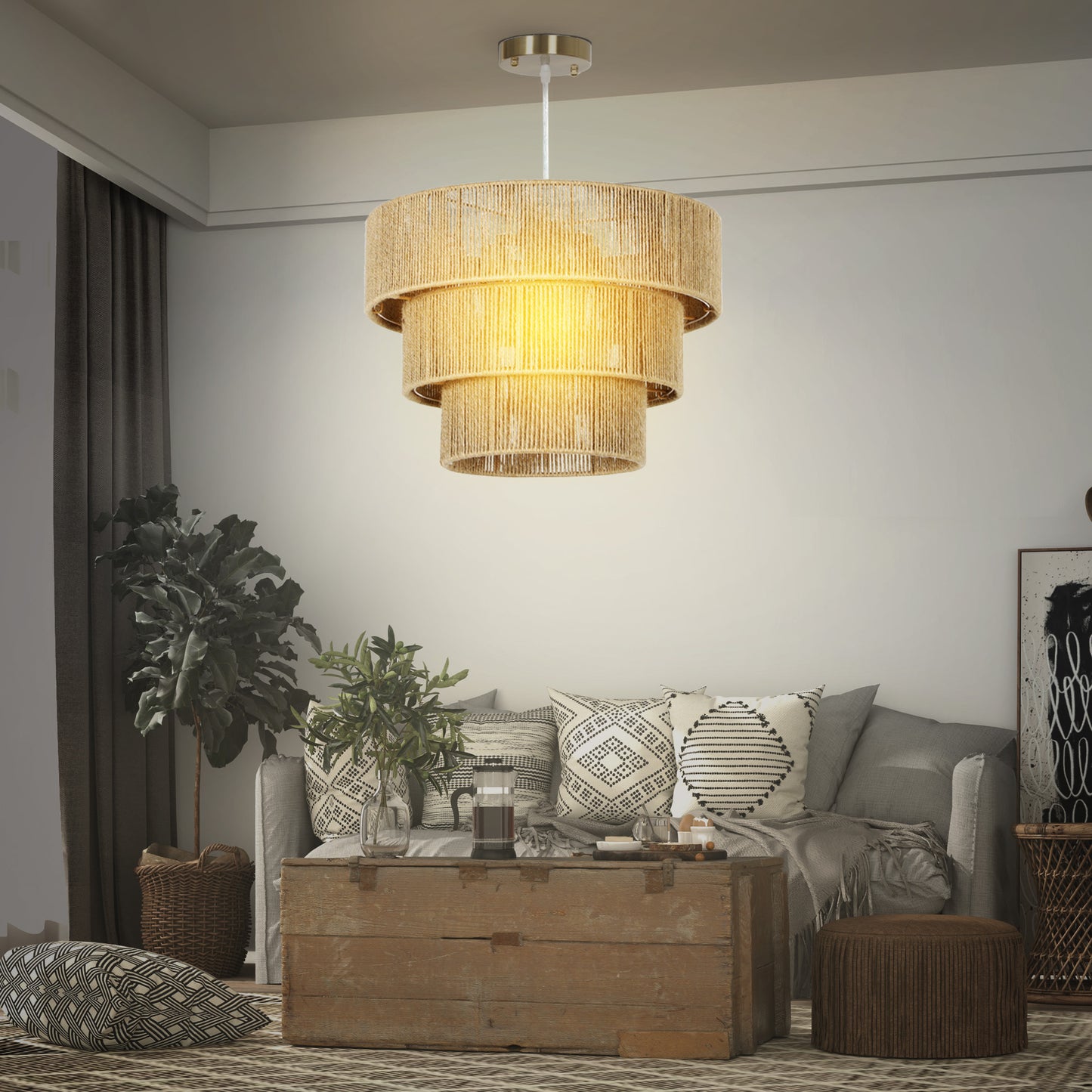 HOMCOM Hemp Rope Ceiling Light, 3-Layer Boho Pendant Light, 4 x E14 Vintage Ceiling Lamp Fixtures for Living Room, Bedroom, Kitchen, Hallway, Light Brown