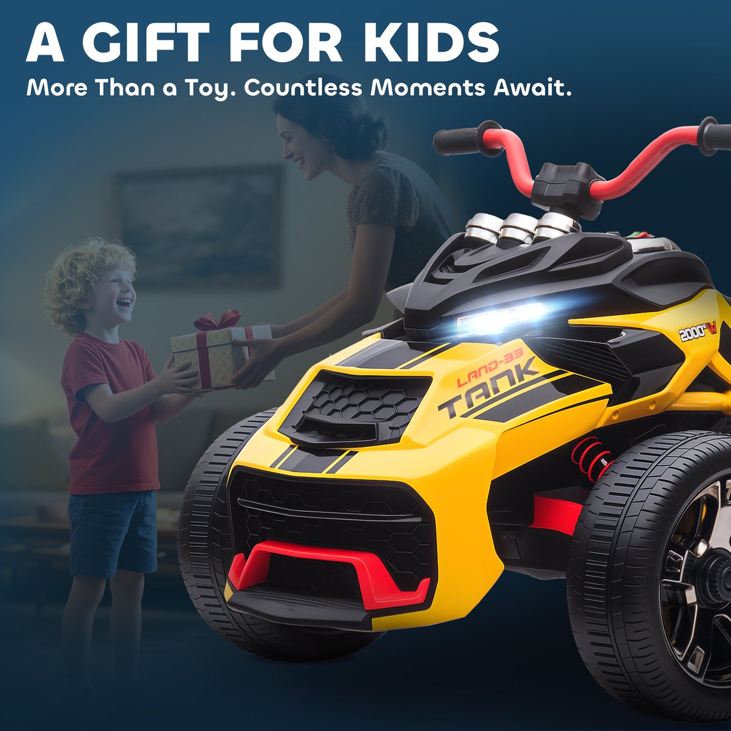 AIYAPLAY 12V Kids Electric Ride On Car with 3 Wheeler, MP3 Player, Horn, 2 Speeds, LED Lights for Boys & Girls Ages 3-8, Yellow