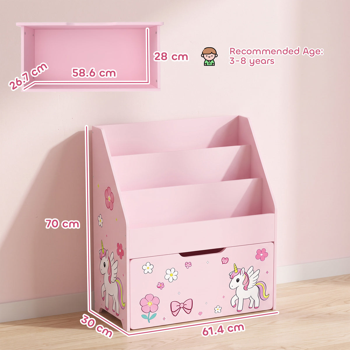 AIYAPLAY Kids Bookshelf, Montessori Inspired Childrens Bookcase with Moveable Drawer, 3-Tier Bookshelf for 3-8 Years, Pink