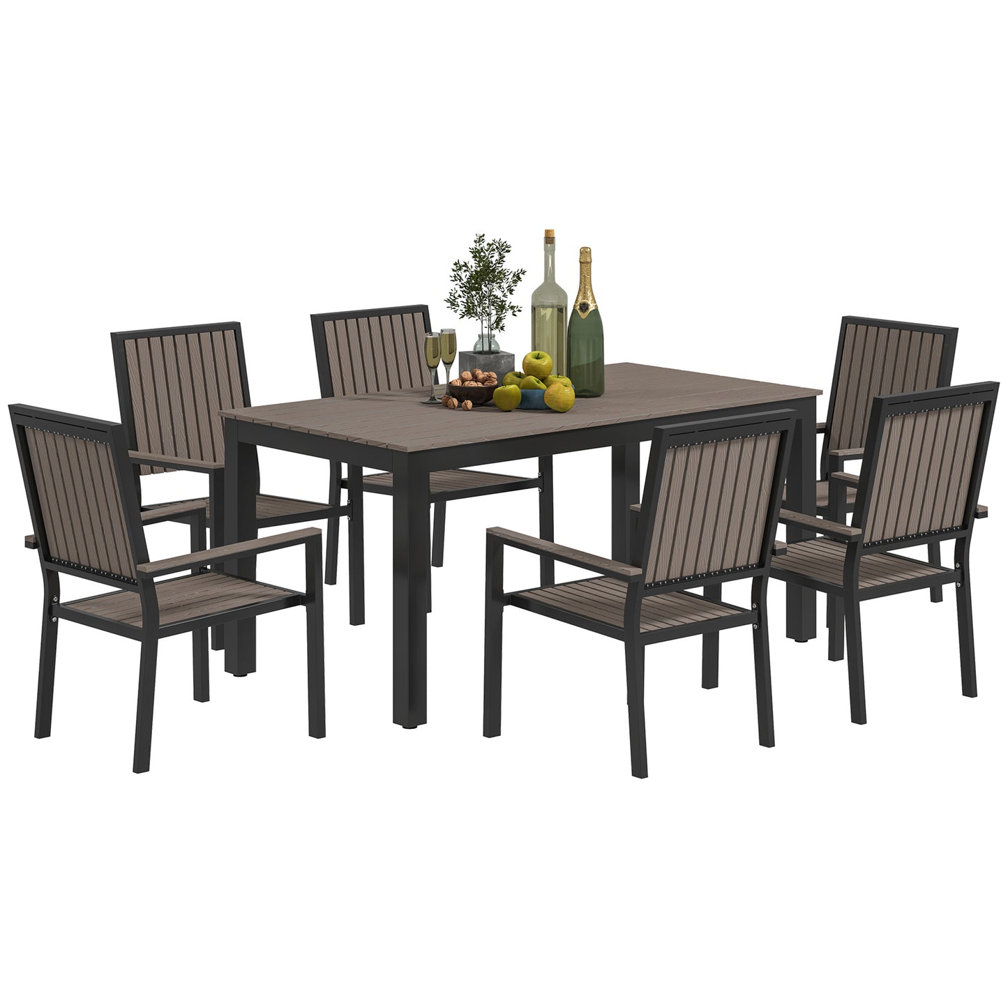 Outsunny 6 Seater Garden Dining Set with Stackable Chairs, Aluminium Frame, Rectangular Plastic Top, Garden Furniture Set, Outdoor Dining Table and Chairs for Patio, Balcony, Poolside, Brown Default Title