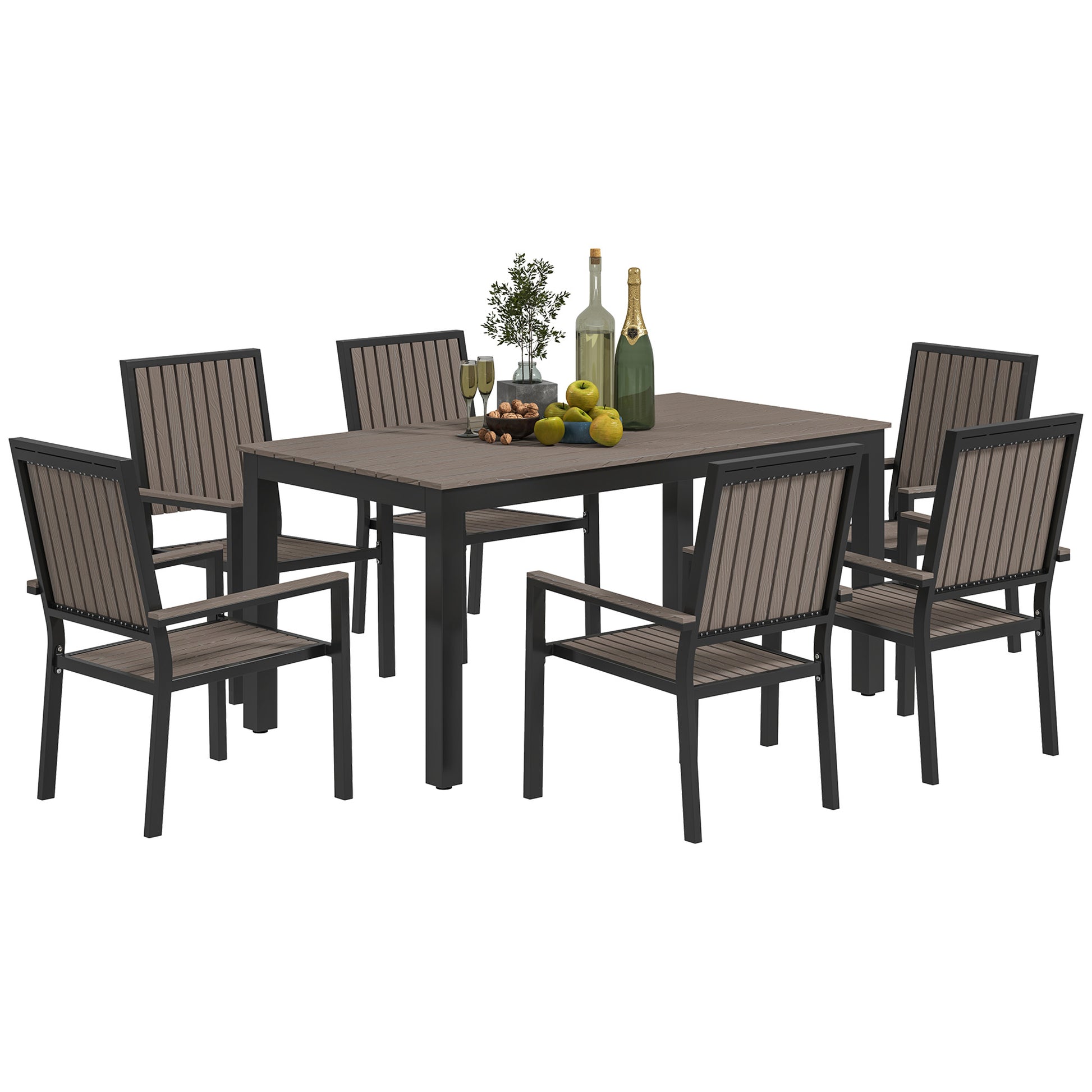 Outsunny 6 Seater Garden Dining Set with Stackable Chairs, Aluminium Frame, Rectangular Plastic Top, Garden Furniture Set, Outdoor Dining Table and Chairs for Patio, Balcony, Poolside, Brown Default Title