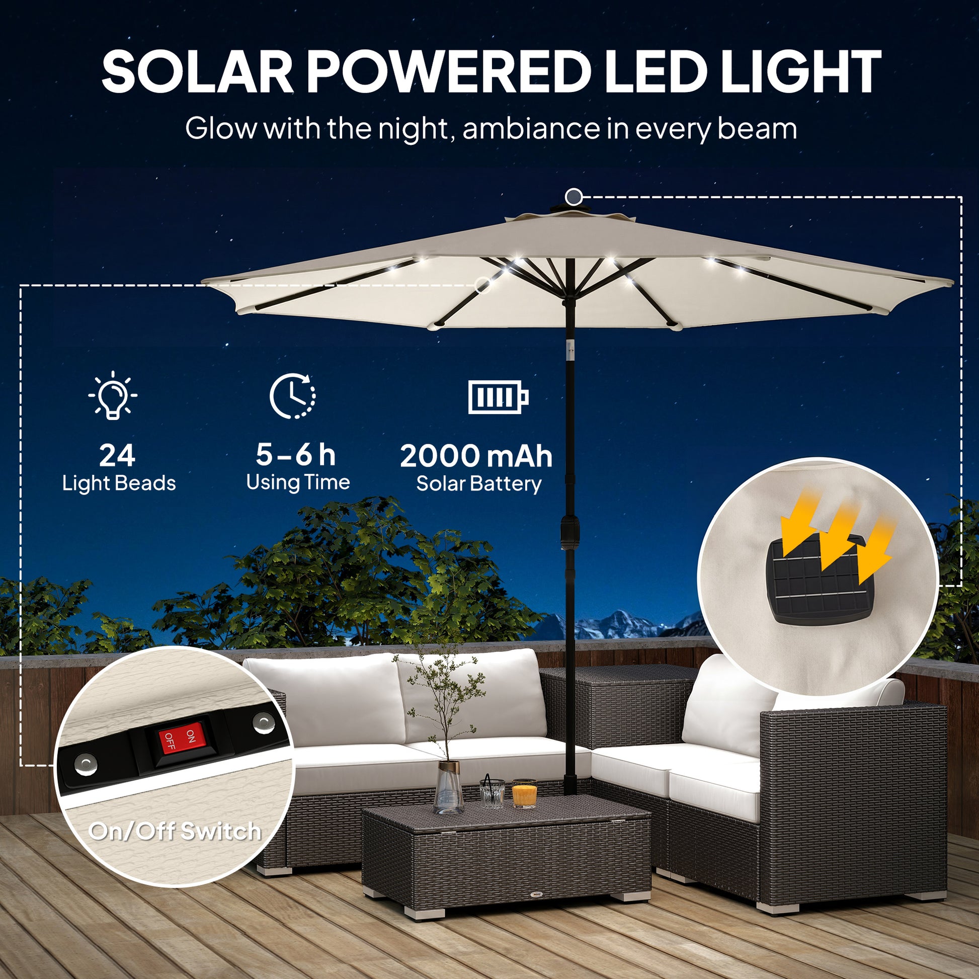 Outsunny 2.6 m Garden Parasol Umbrella with LED Solar Light, Parasol Cover, Outdoor Market Patio Umbrella, Cream White