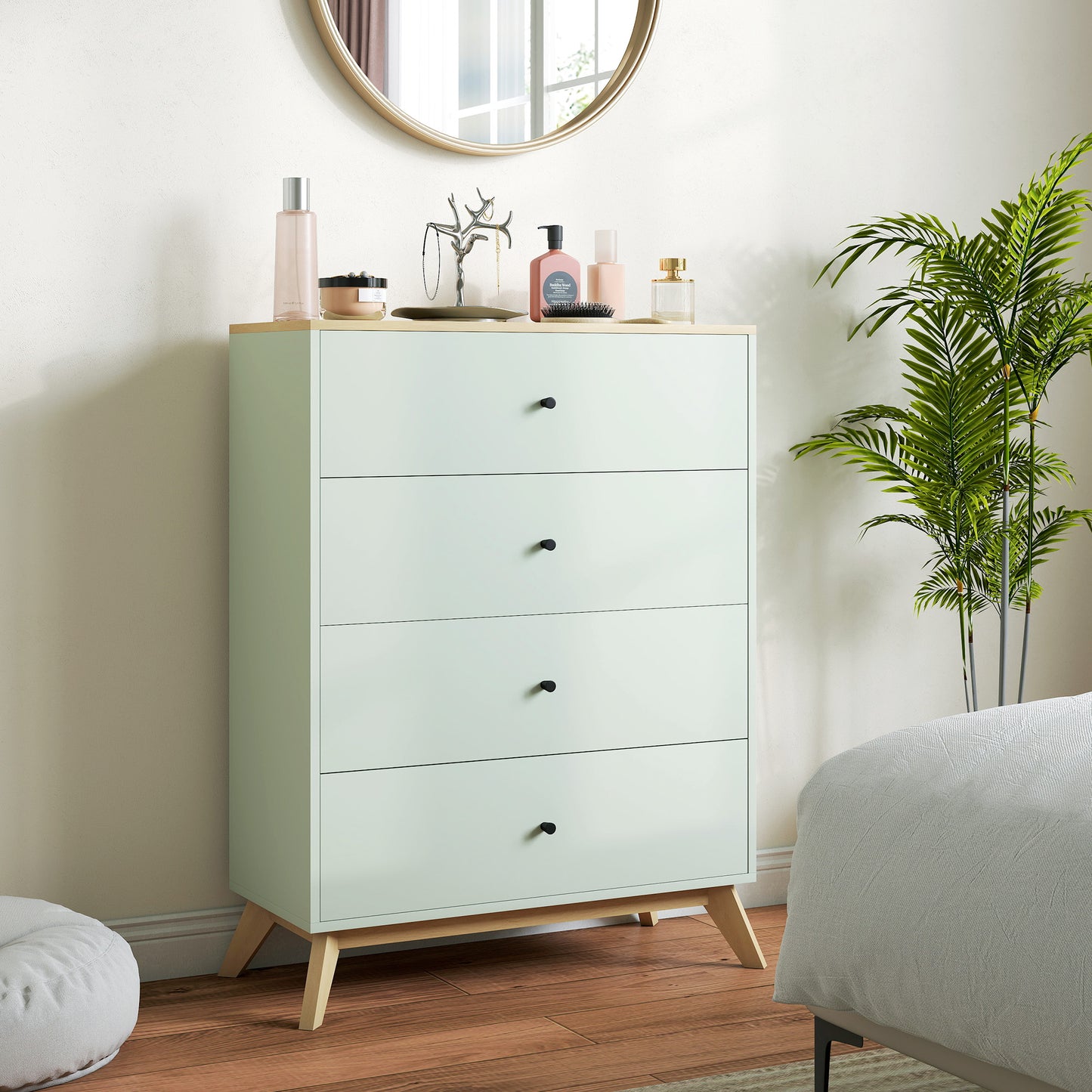 HOMCOM 4 Drawer Storage Cabinet, Chest of Drawers for Bedroom Living Room, Light Green and Oak