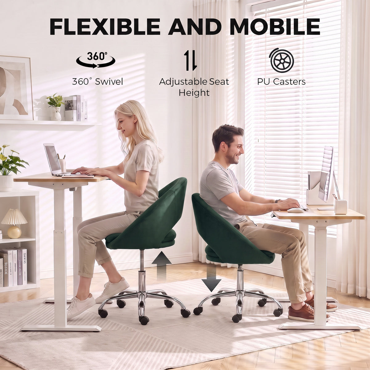 HOMCOM Velvet Desk Chair, Modern Office Chair with Height-Adjustable, Wheels, for Home Study Bedroom, Dark Green