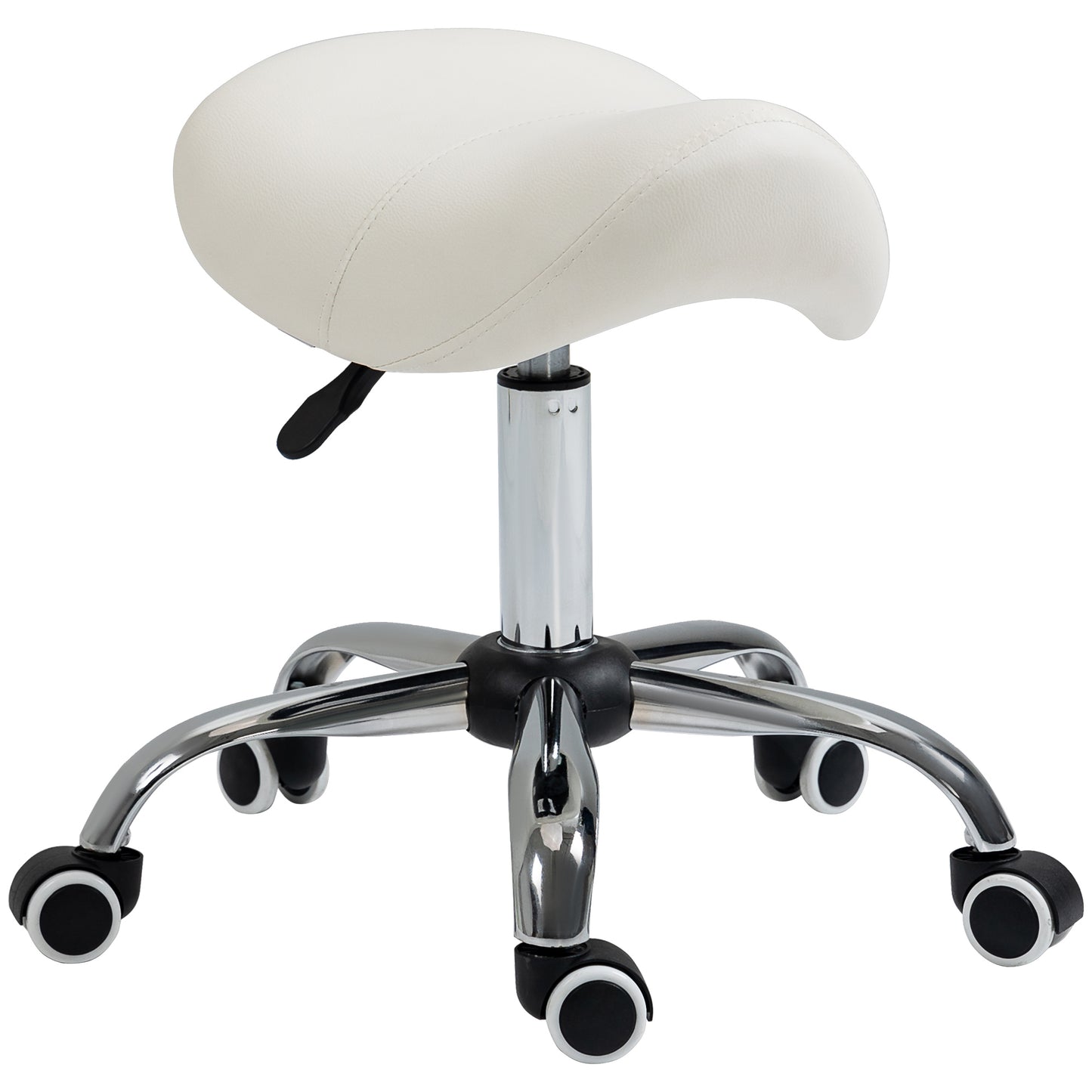 HOMCOM Cosmetic Stool 360Â° Rotate Height Adjustable Salon Massage Spa Chair Hydraulic Rolling Faux Leather Saddle Stool, Cream