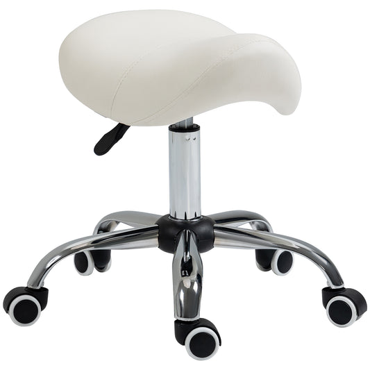 HOMCOM Cosmetic Stool 360Â° Rotate Height Adjustable Salon Massage Spa Chair Hydraulic Rolling Faux Leather Saddle Stool, Cream