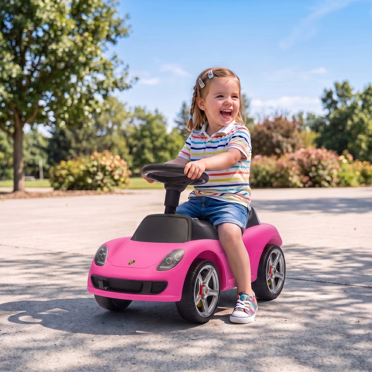 AIYAPLAY Ride on Car, Porsche Licensed Toddler Push Car with Horn, Headlights, Sound and Steering Wheel for 18-36 Months, Pink