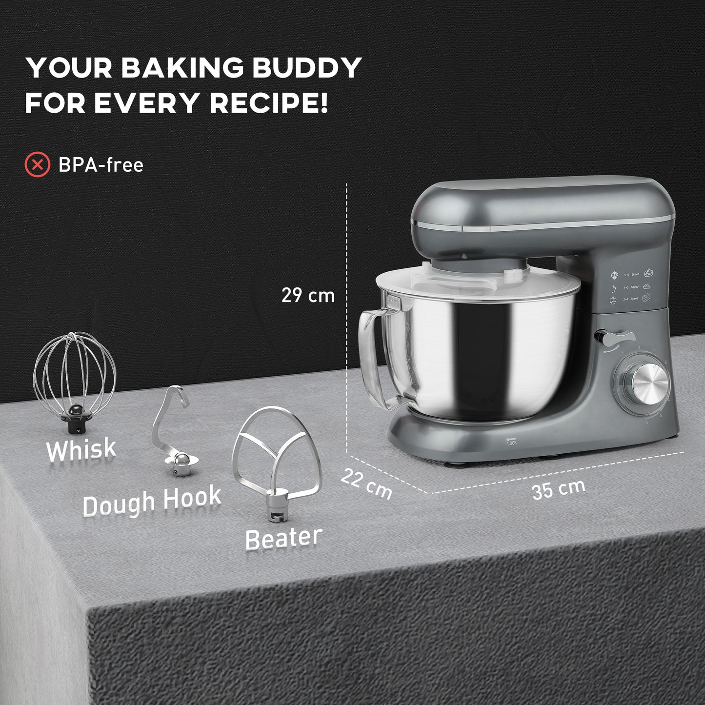 HOMCOM 1300W Kitchen Stand Mixer, with Accessories - Silver