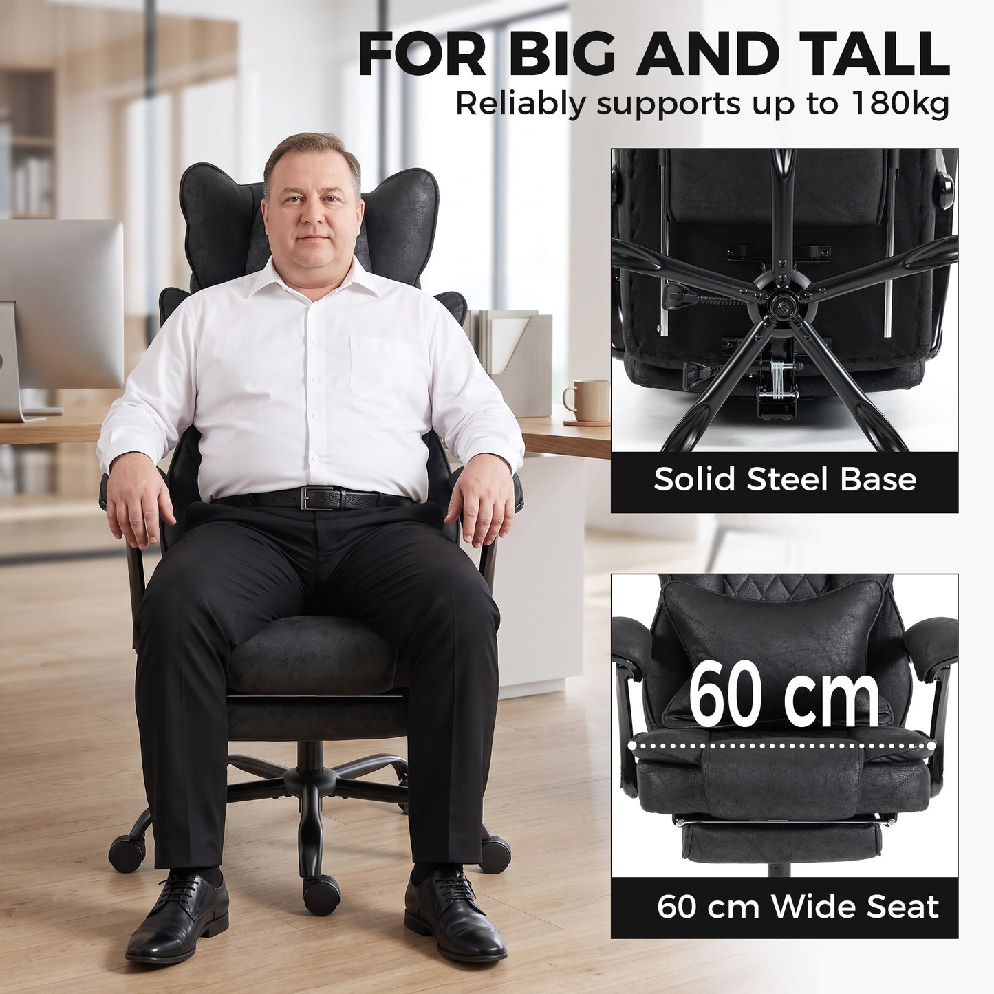 HOMCOM Executive Office Chair, Leathaire Big and Tall Office Chair 180 kg with Wide Seat, Reclining, Lumbar Support, Black