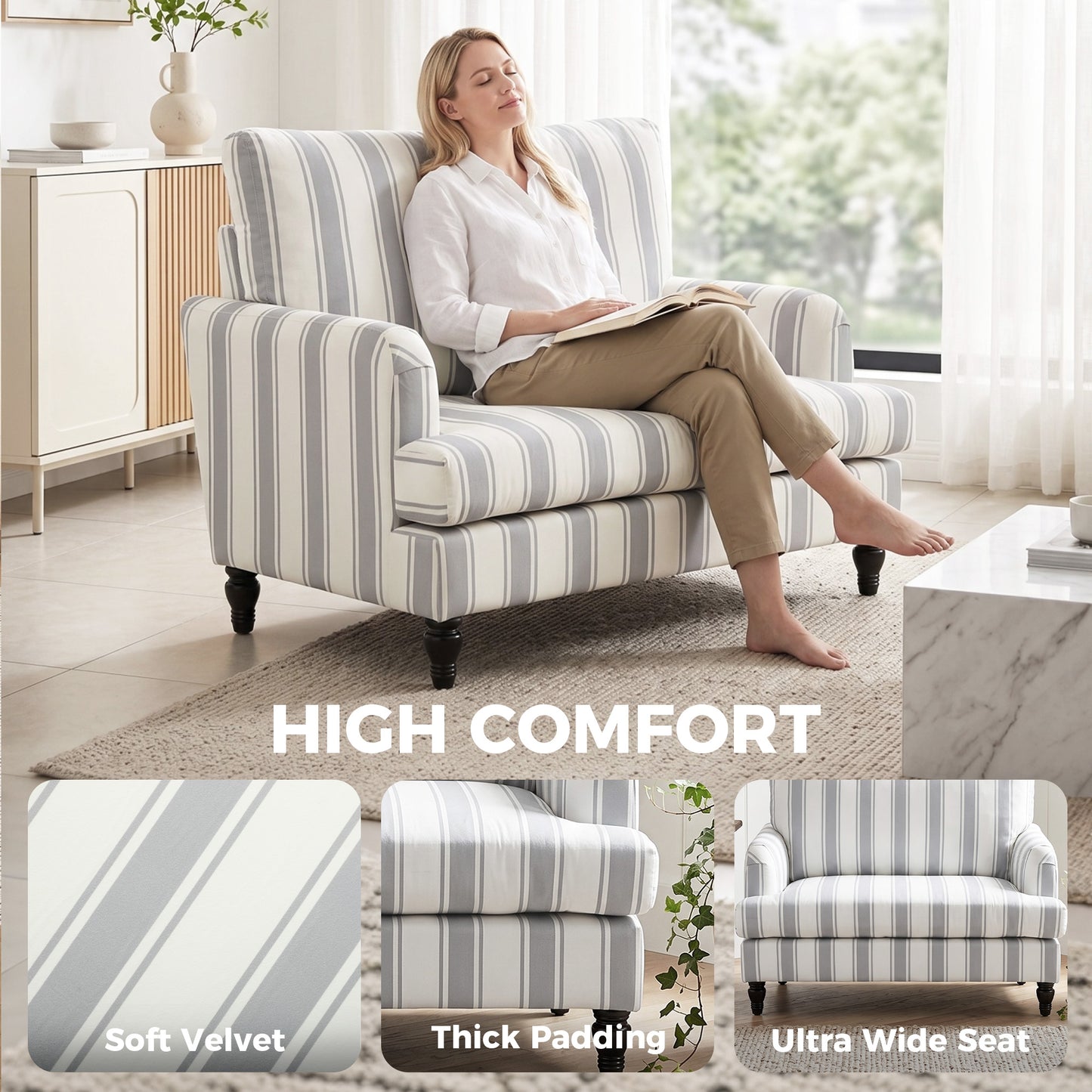 HOMCOM Velvet Single Sofa Armchair, Modern Accent Chair with Stripes, Turned Legs and Wide Seat, Grey