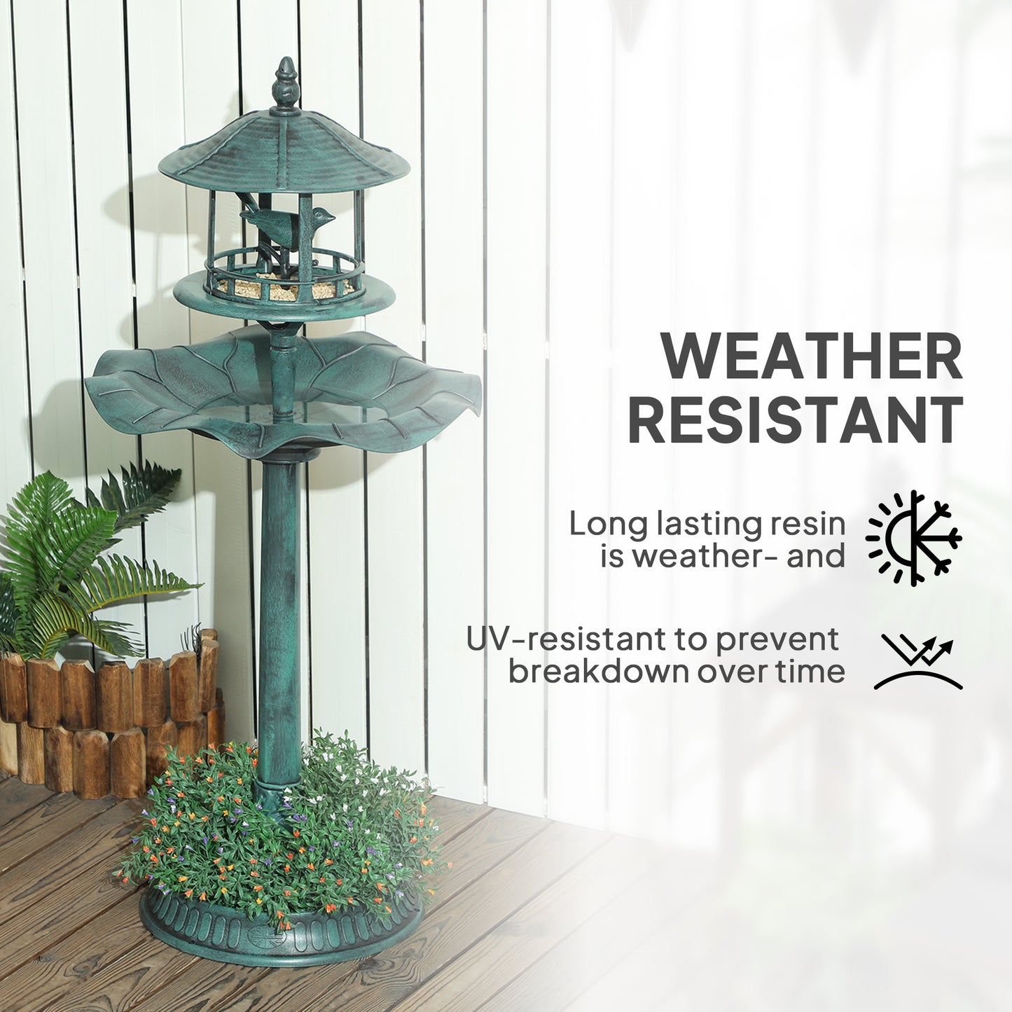  or even as a flower planter</li><li>Classic & Timeless Style: Birdhouse style top of this pedestal column features a bird inside while the bottom can be used to plant flowers. Plant tons of flowers for all your new bird friends</li><li>Strong Construction: This bird bath is crafted out of weather and frost resistant plastic and is lightweight yet highly robust</li><li>Additional Stability: The plastic bird bath includes three ground stakes and filling the base with stones is recommended for added stability